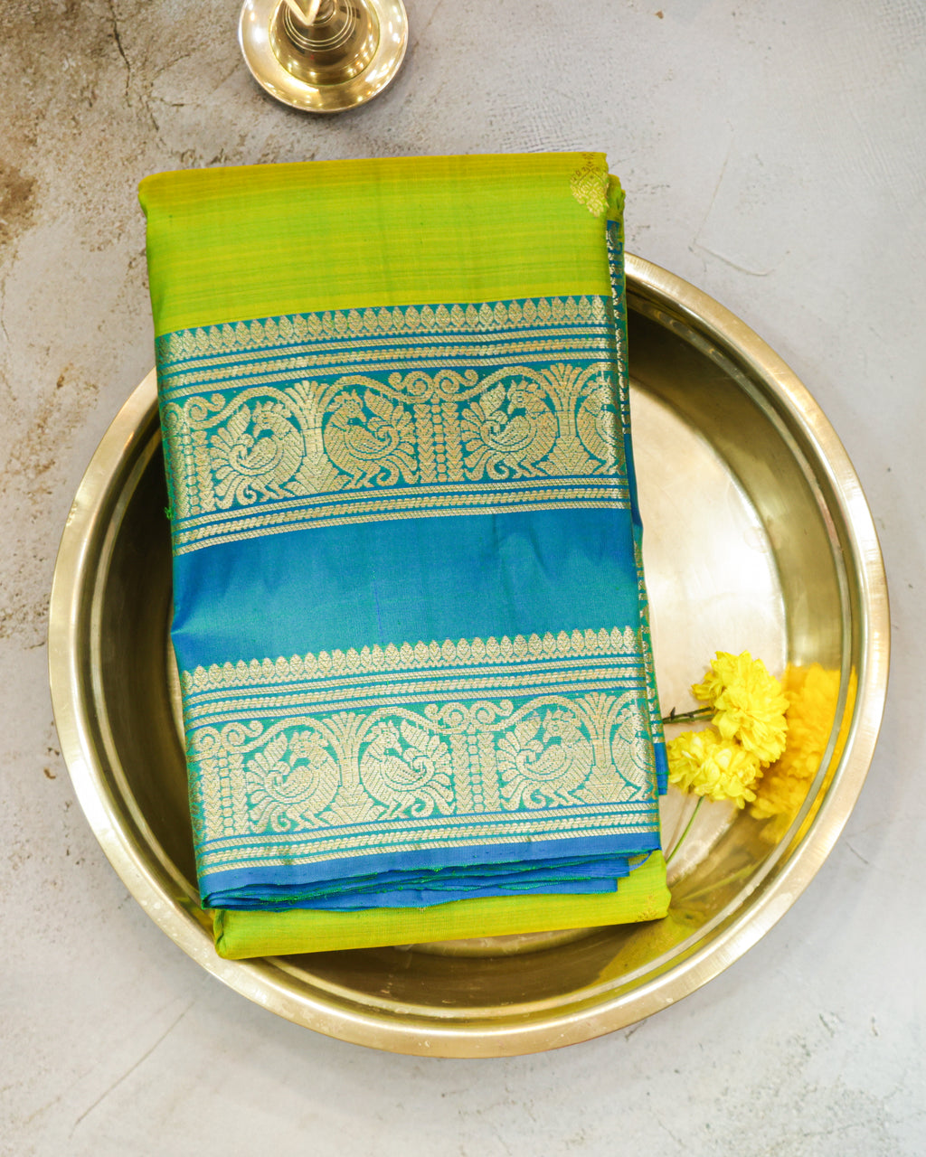 Kanchipuram Pure Silk Parrot Green & Rama Blue Butta Saree