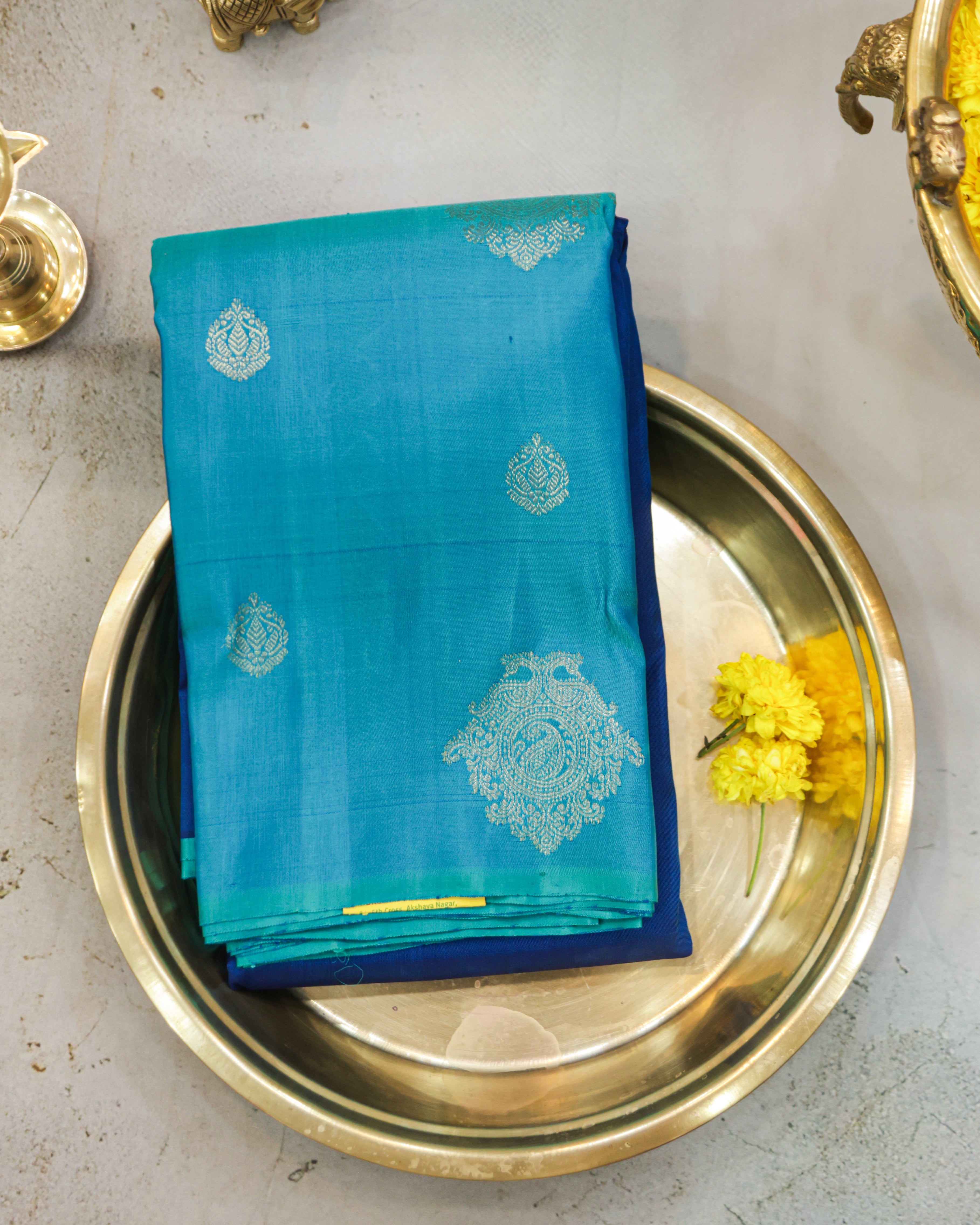 Kanchipuram Half & Half Pure Silk Saree in Blue and Sea Green