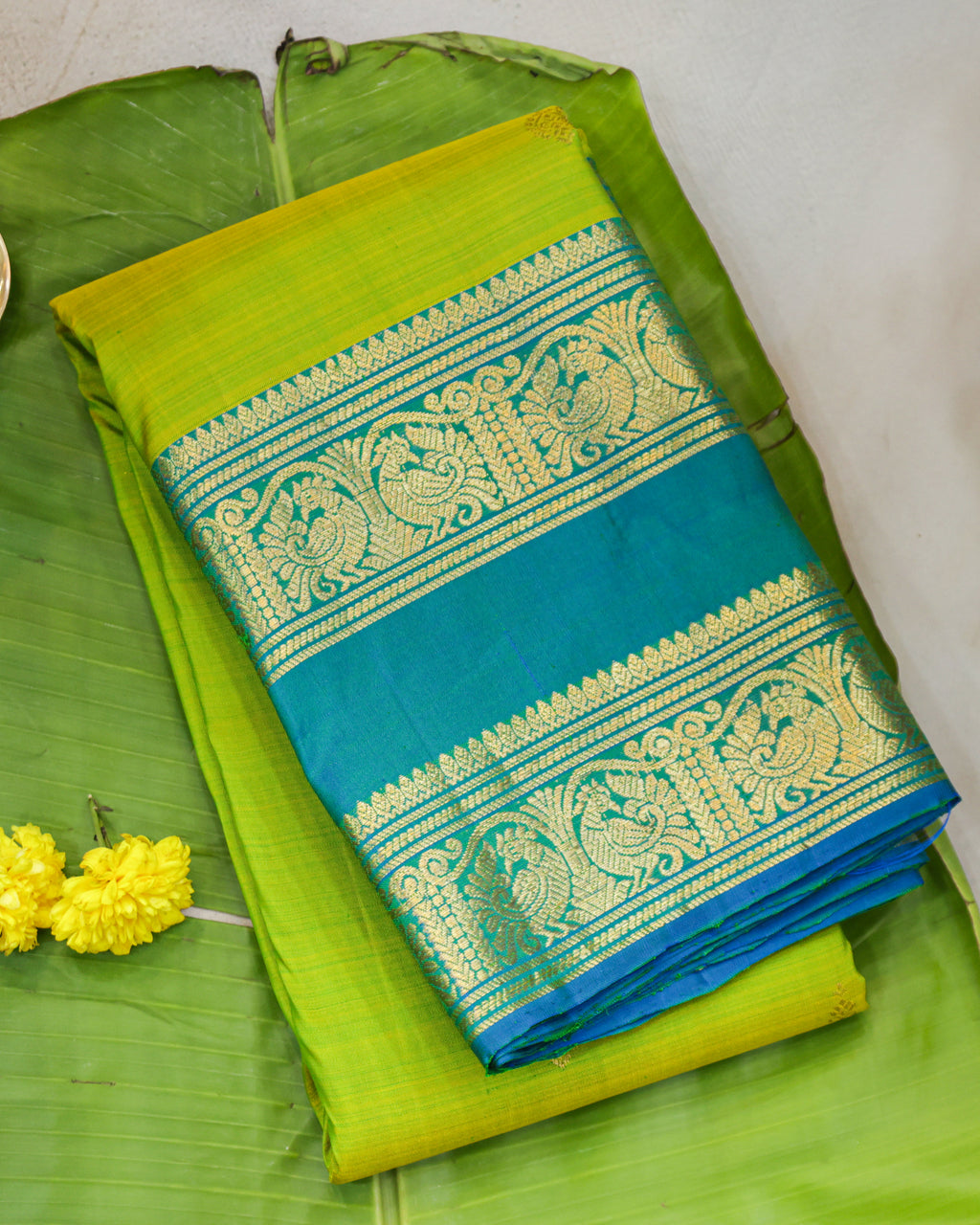 Kanchipuram Pure Silk Parrot Green & Rama Blue Butta Saree