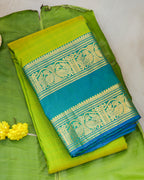 Kanchipuram Pure Silk Parrot Green & Rama Blue Butta Saree
