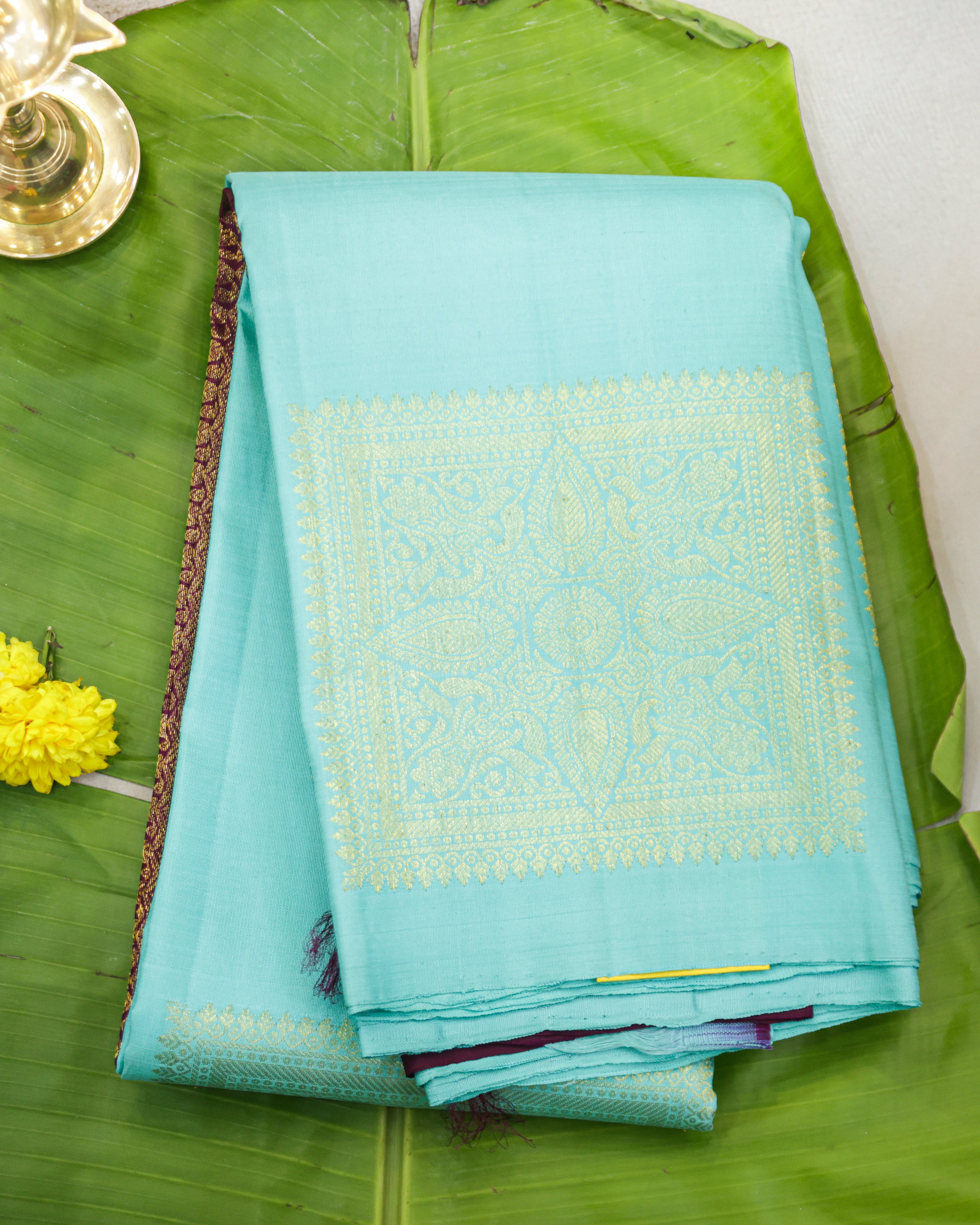 Kanchipuram Pure Silk Saree in Sea Green & Wine with Golden Zari