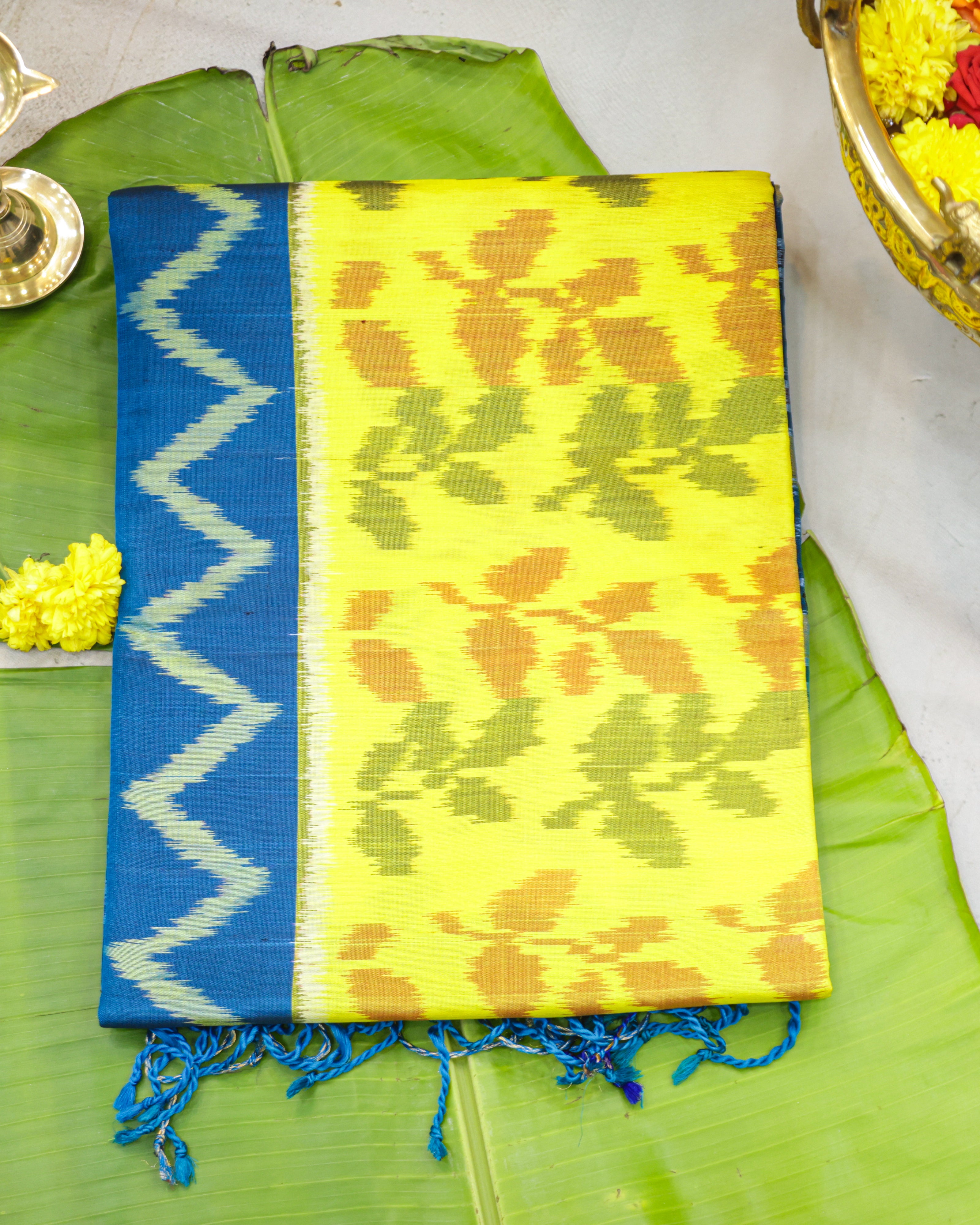 Pochampalli Pure Silk Saree – Plants Pattern in Yellow & Rama Blue