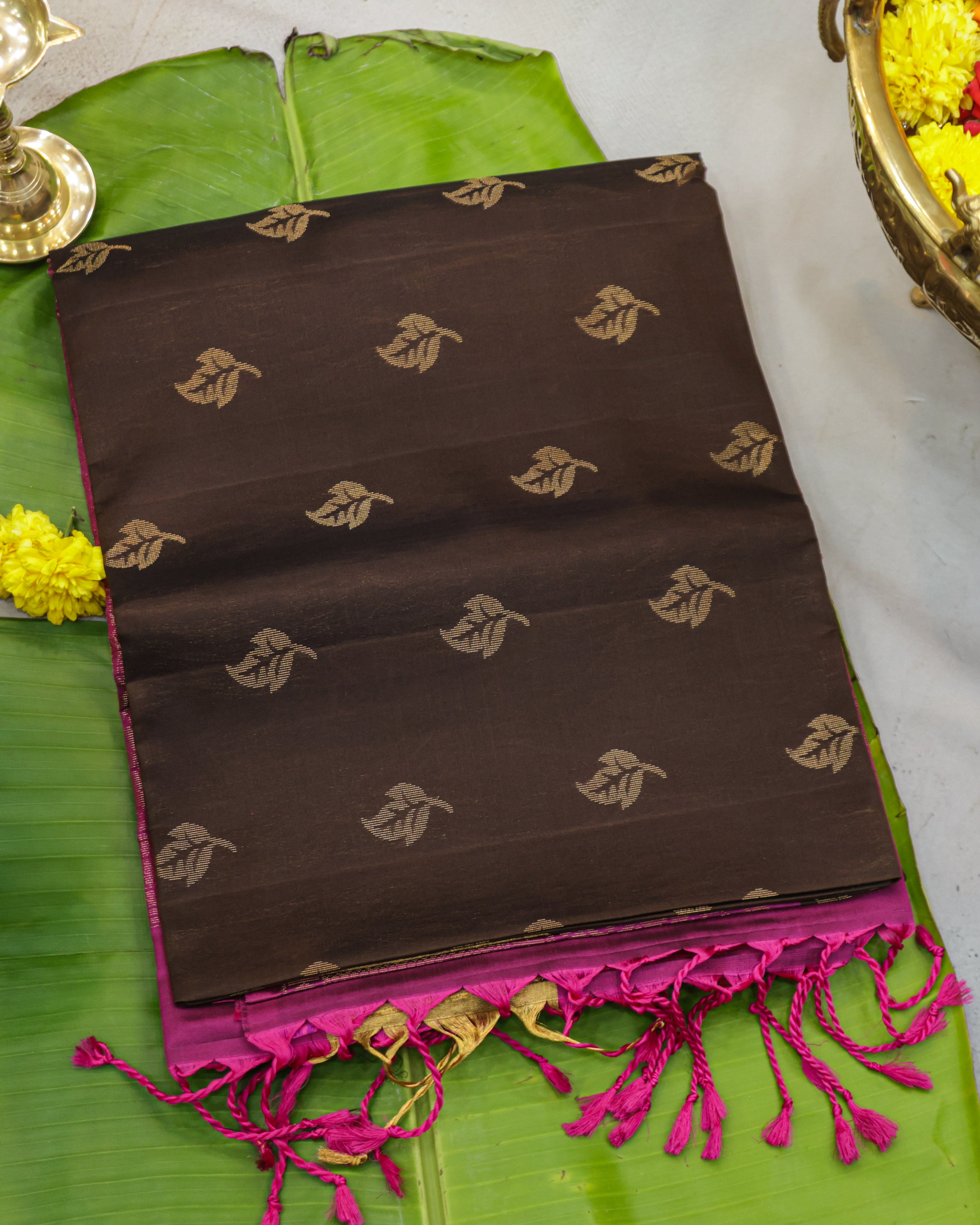 Coffee Brown Kanchipuram Soft Silk Saree with Onion Pink Border
