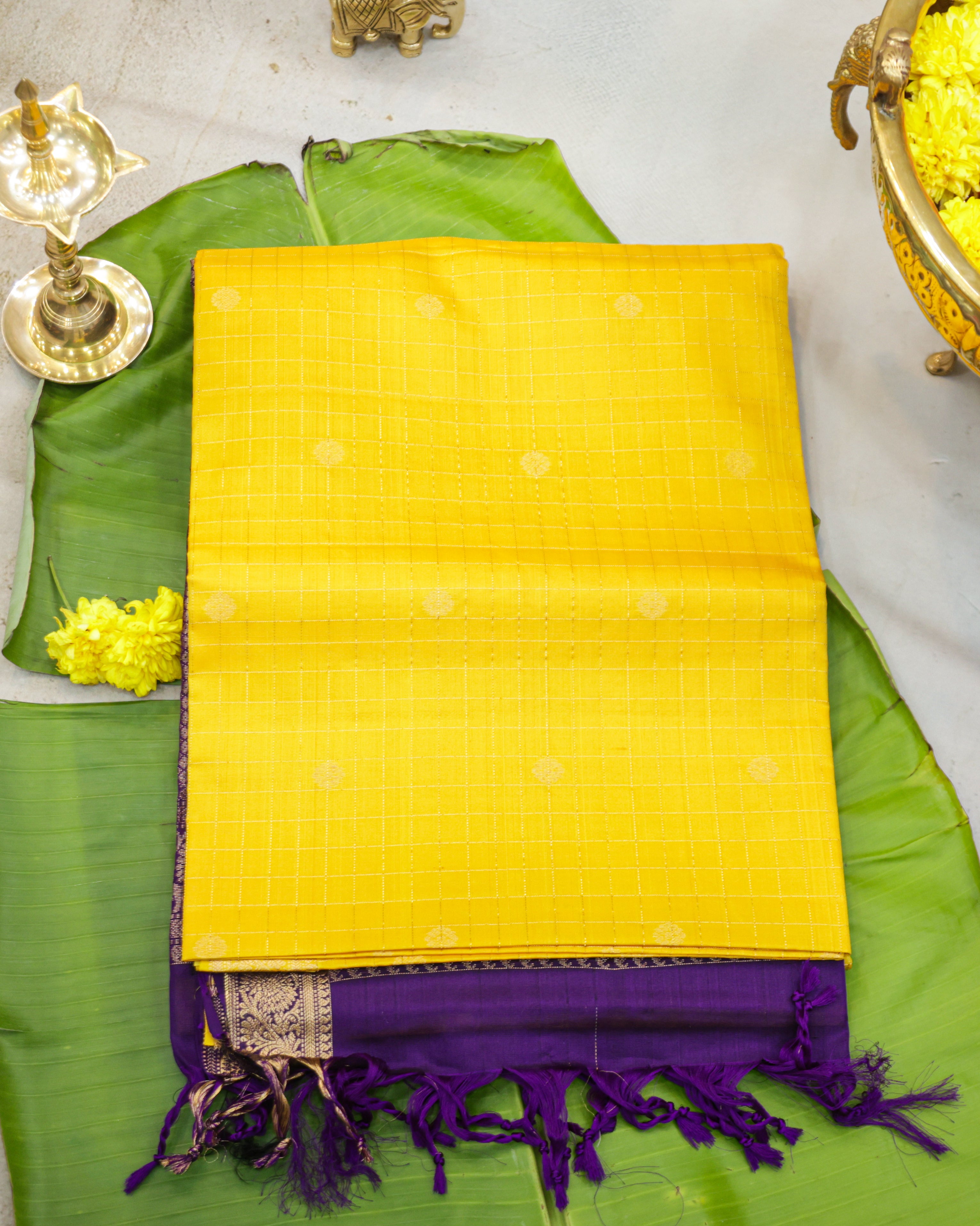 Kanchipuram Pure Soft Silk Checks Saree in Yellow & Purple