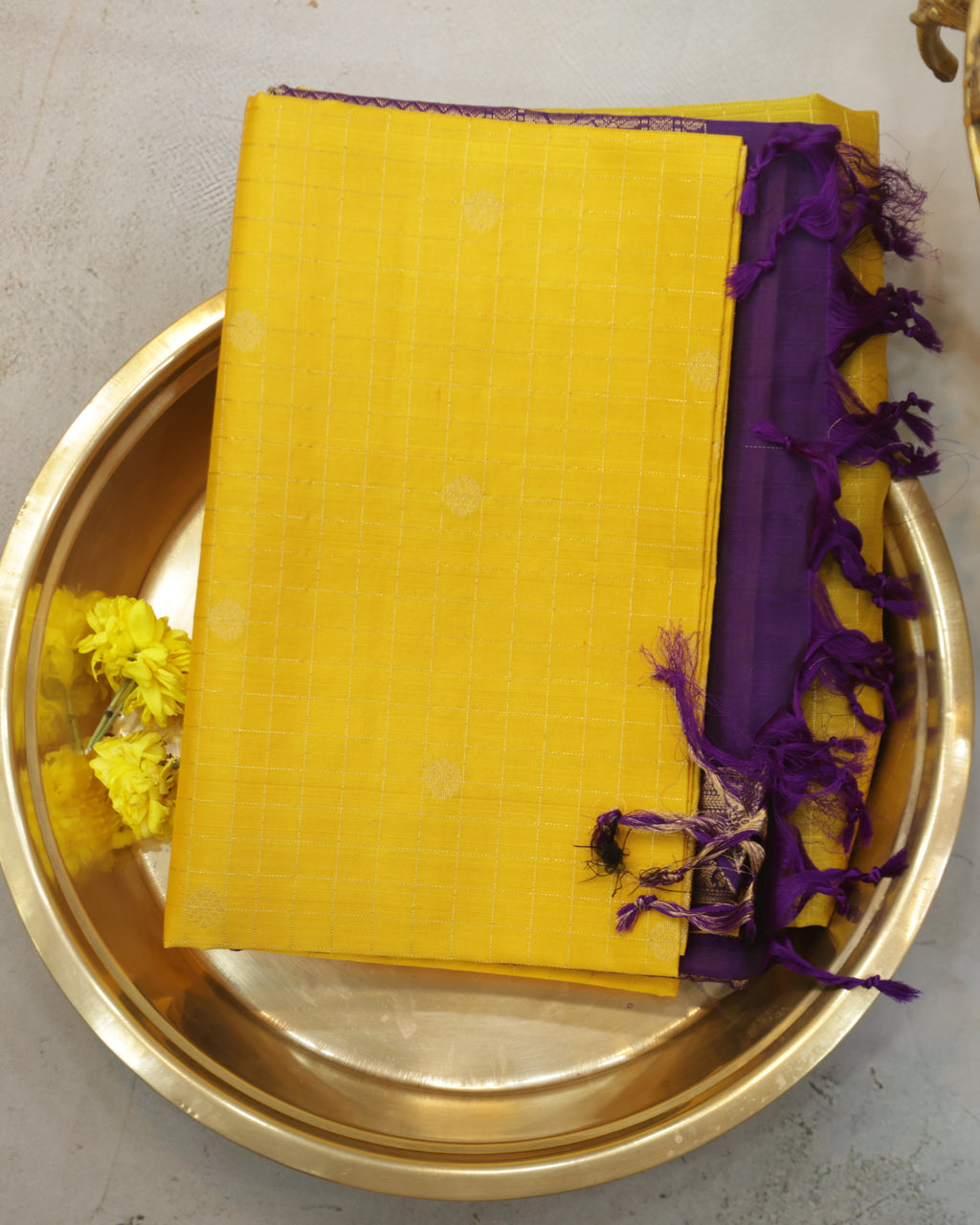 Kanchipuram Pure Soft Silk Checks Saree in Yellow & Purple