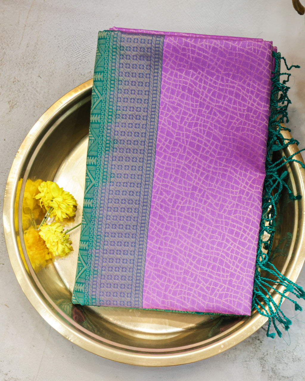Kanchipuram Lavender & Green Geometric Pure Soft Silk Saree