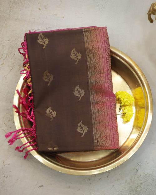 Coffee Brown Kanchipuram Soft Silk Saree with Onion Pink Border