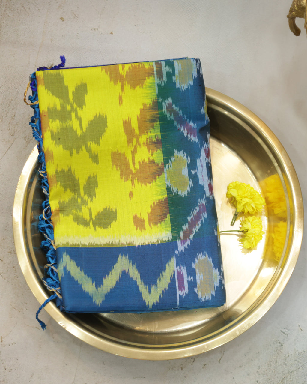 Pochampalli Pure Silk Saree – Plants Pattern in Yellow & Rama Blue