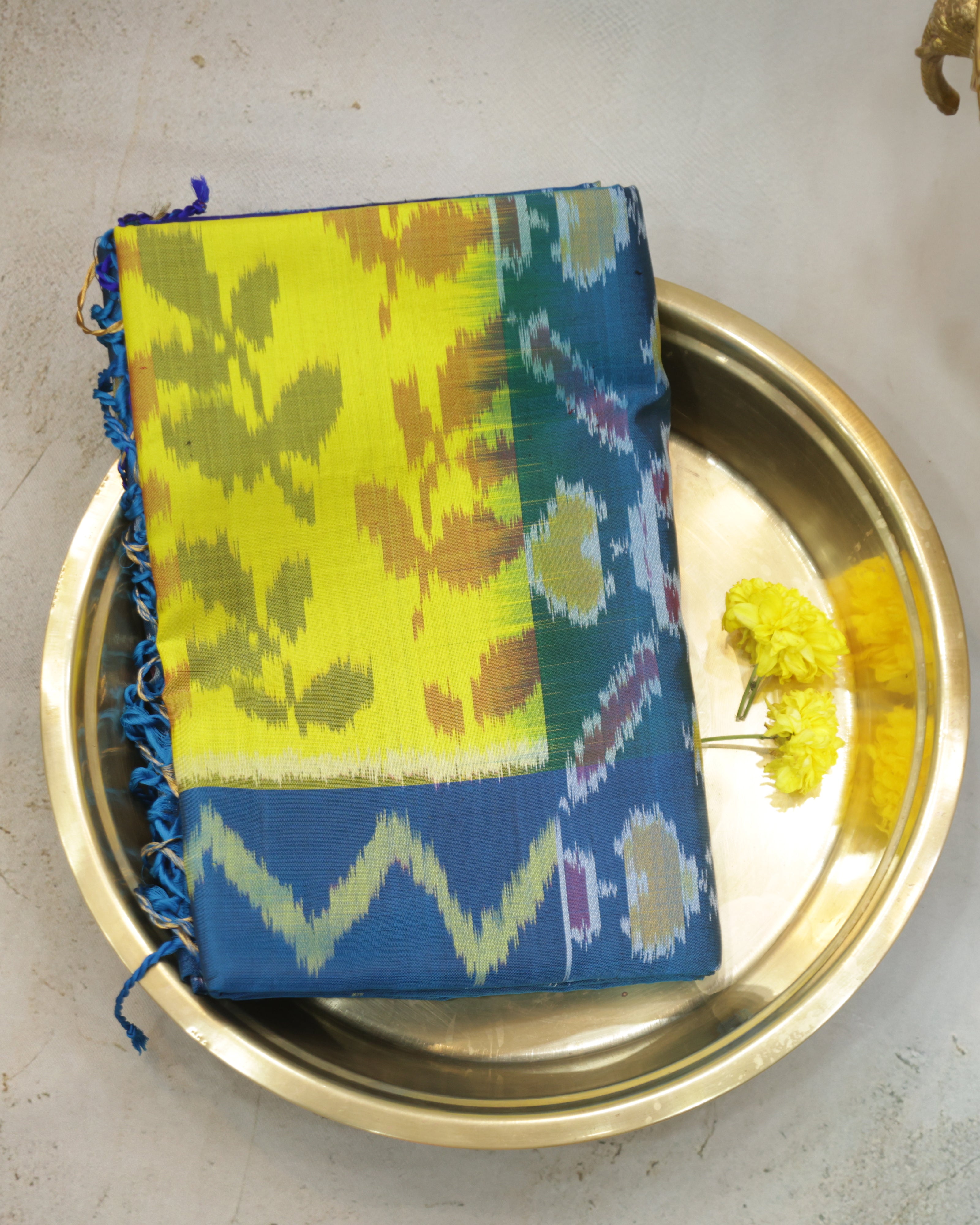 Pochampalli Pure Silk Saree – Plants Pattern in Yellow & Rama Blue