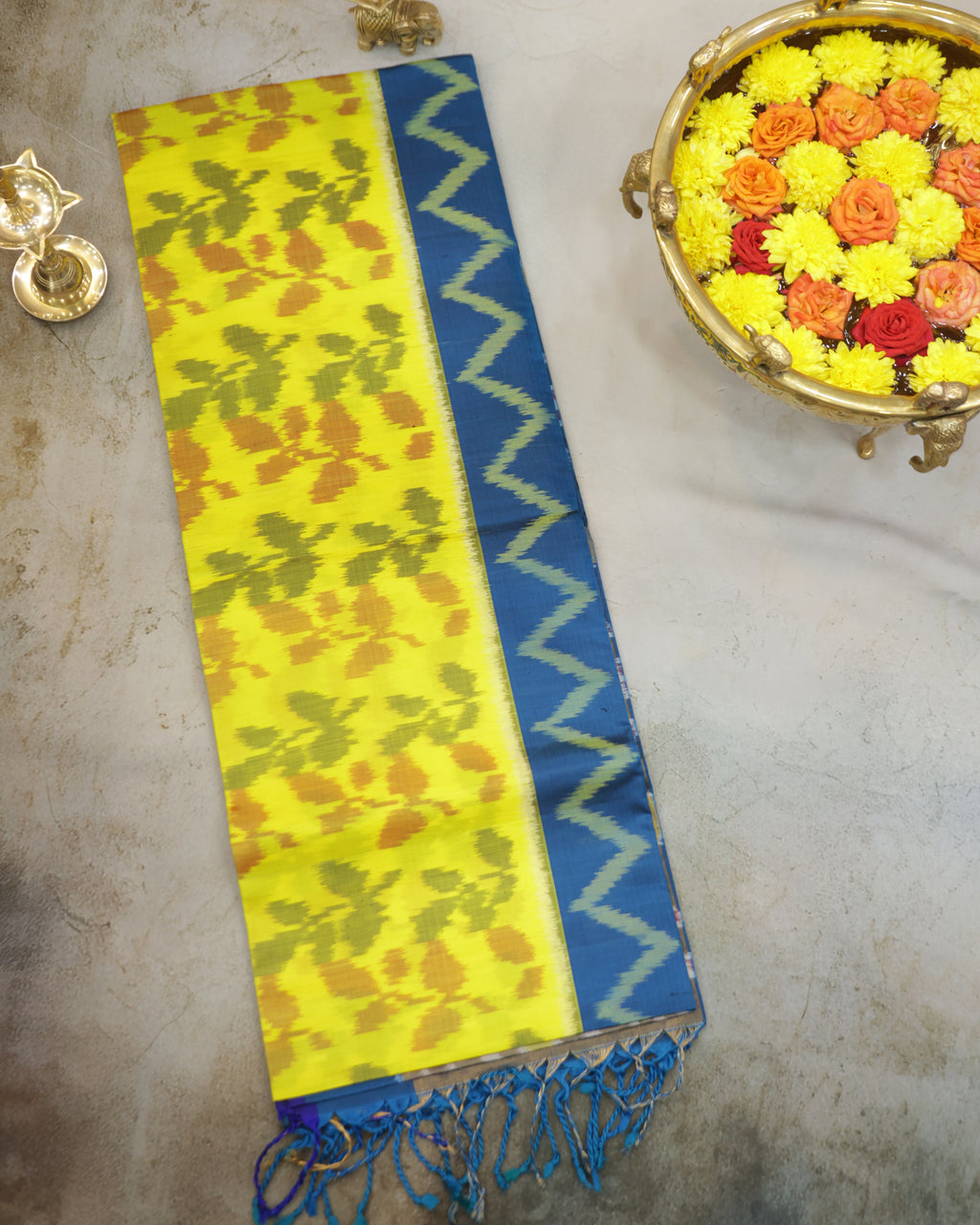 Pochampalli Pure Silk Saree – Plants Pattern in Yellow & Rama Blue