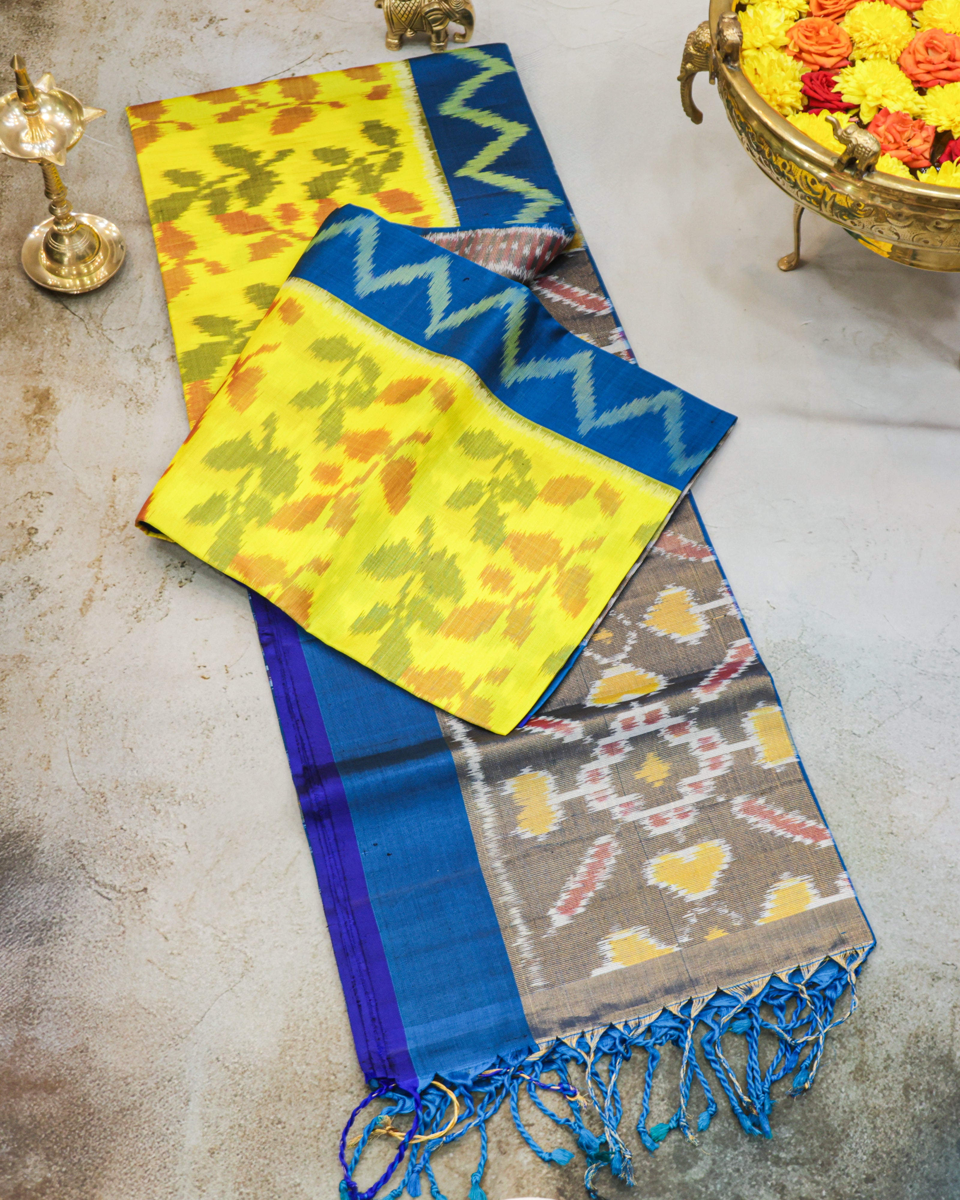 Pochampalli Pure Silk Saree – Plants Pattern in Yellow & Rama Blue
