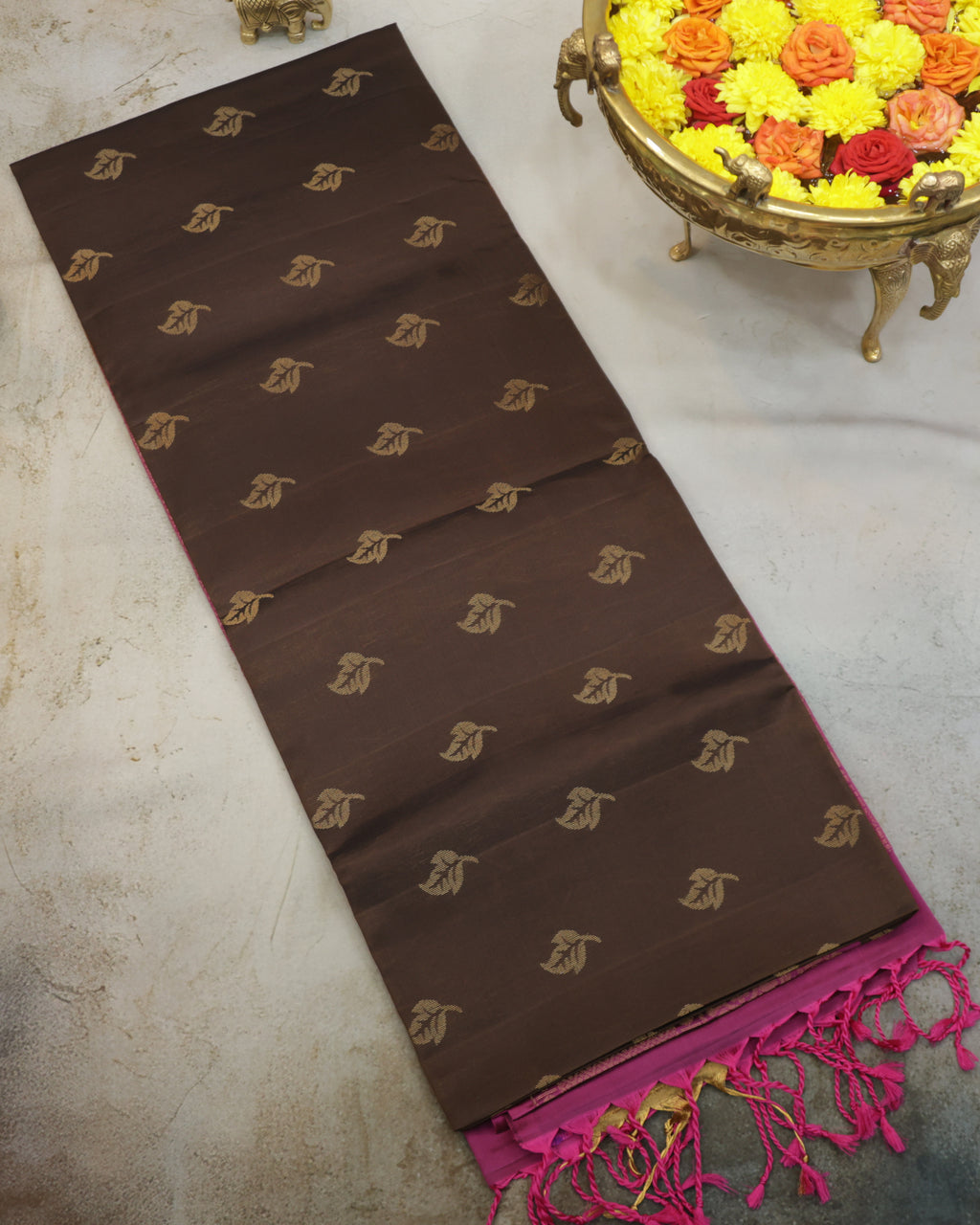 Coffee Brown Kanchipuram Soft Silk Saree with Onion Pink Border