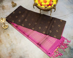 Coffee Brown Kanchipuram Soft Silk Saree with Onion Pink Border