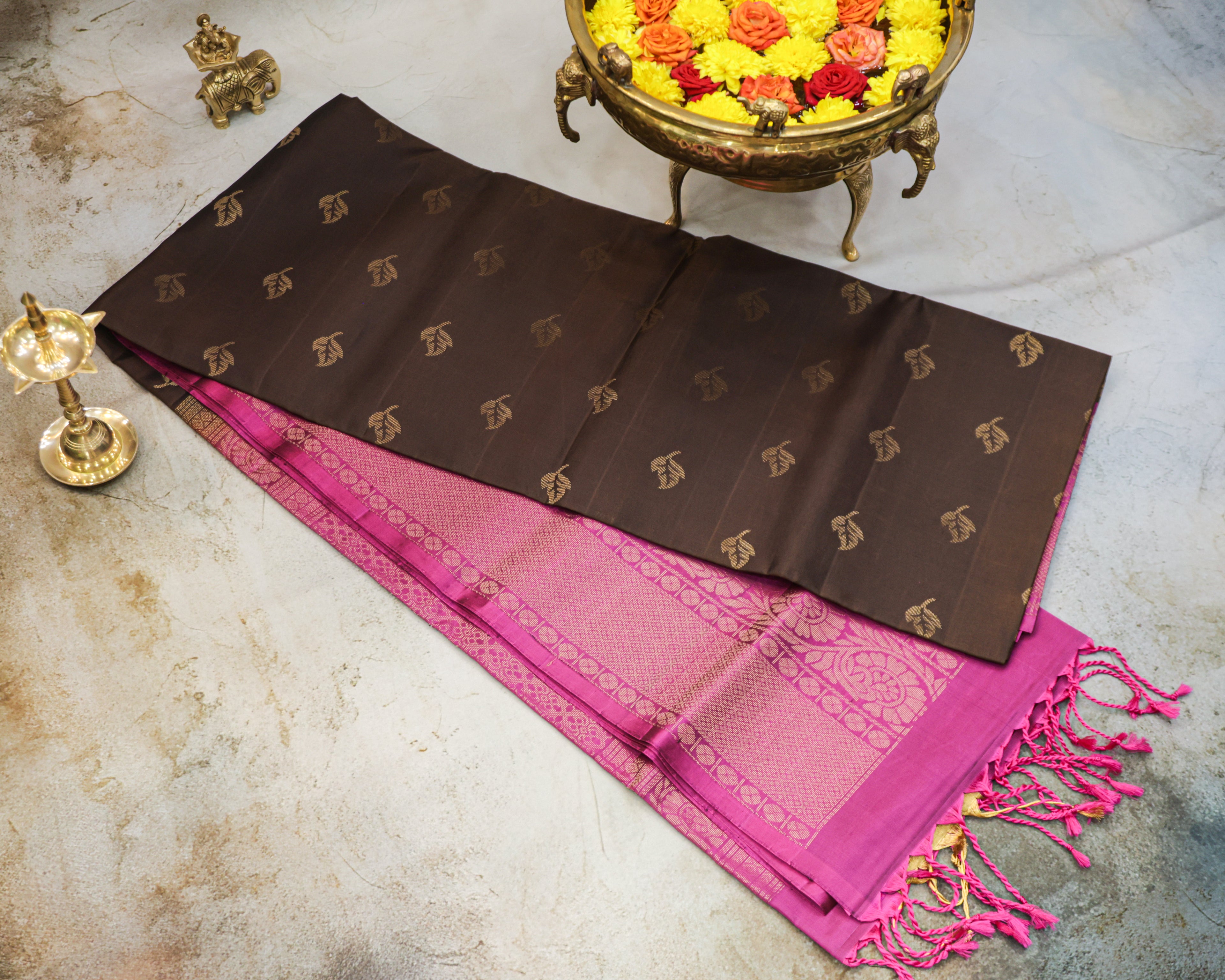 Coffee Brown Kanchipuram Soft Silk Saree with Onion Pink Border