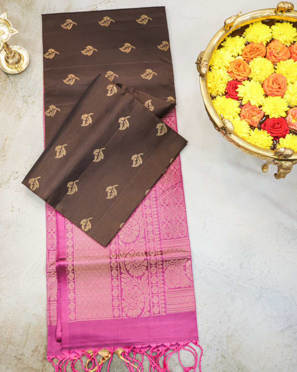 Coffee Brown Kanchipuram Soft Silk Saree with Onion Pink Border