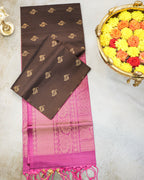 Coffee Brown Kanchipuram Soft Silk Saree with Onion Pink Border