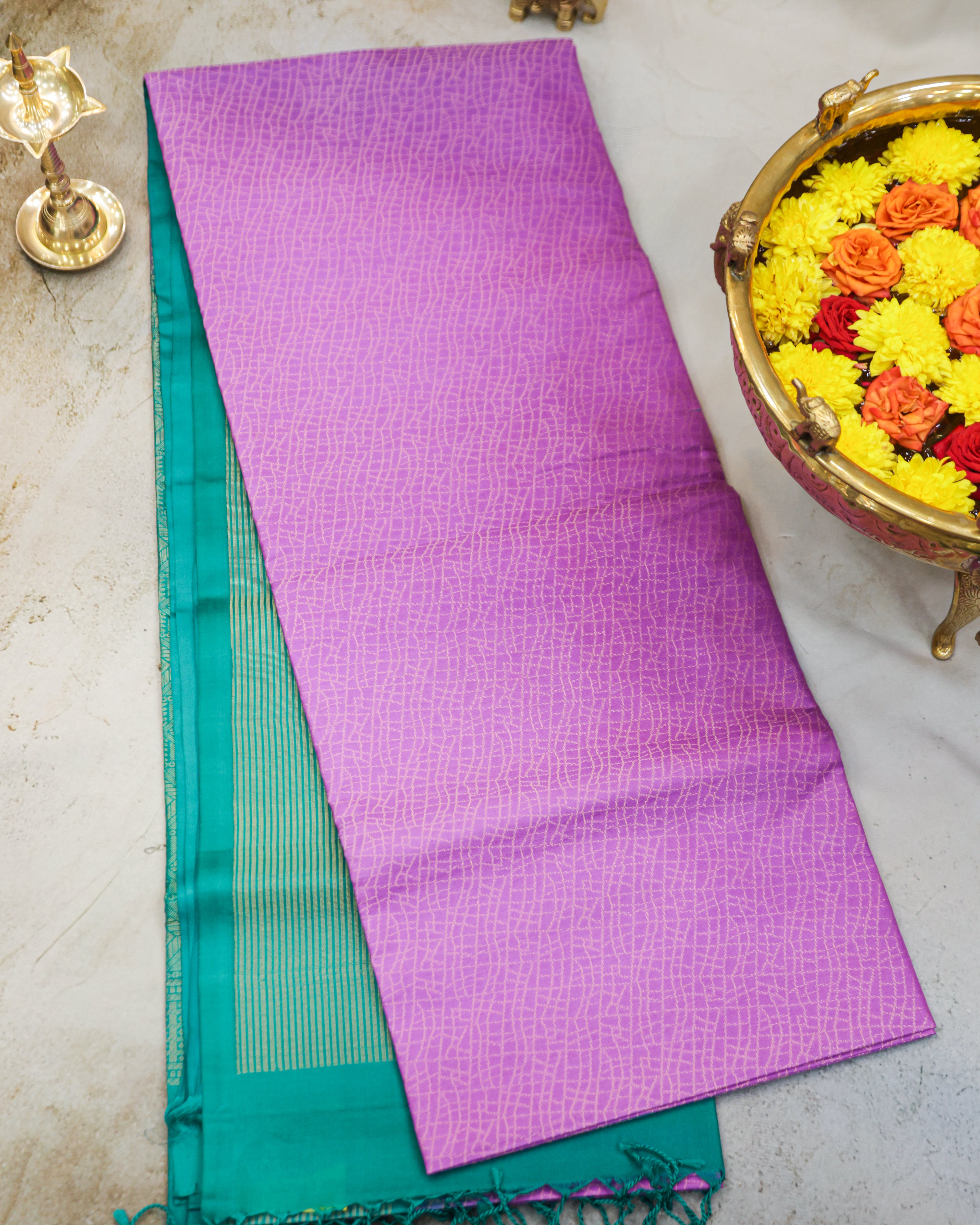 Kanchipuram Lavender & Green Geometric Pure Soft Silk Saree