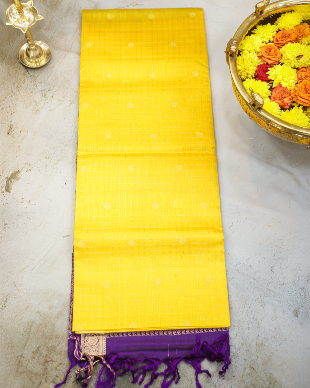 Kanchipuram Pure Soft Silk Checks Saree in Yellow & Purple