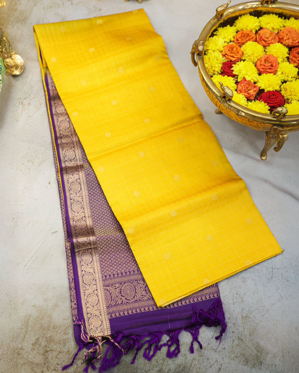 Kanchipuram Pure Soft Silk Checks Saree in Yellow & Purple