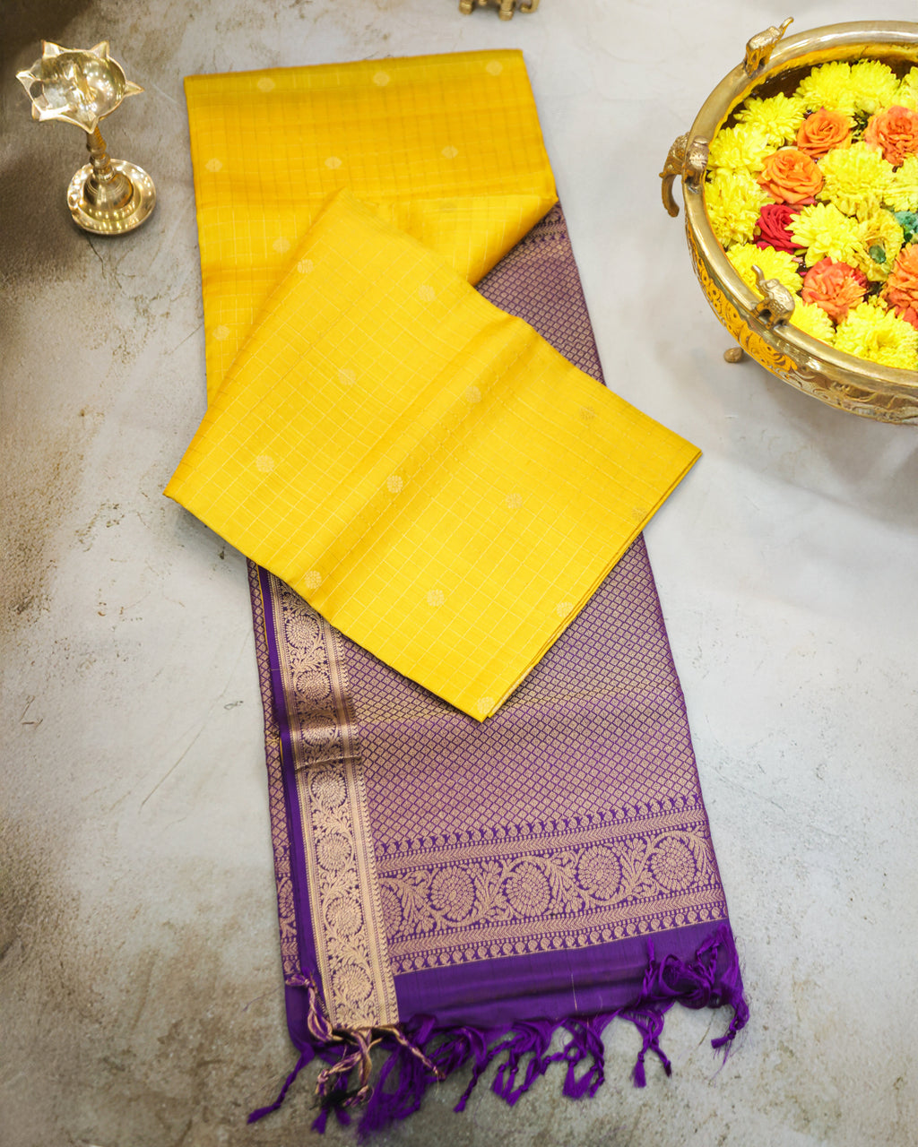 Kanchipuram Pure Soft Silk Checks Saree in Yellow & Purple