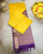 Kanchipuram Pure Soft Silk Checks Saree in Yellow & Purple