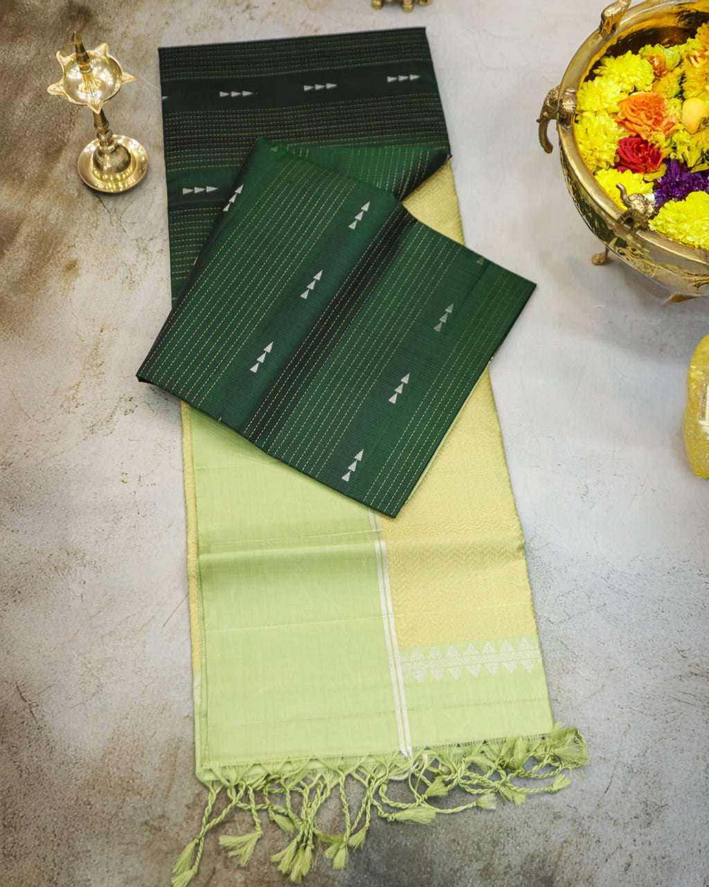 Kanchipuram Bottle Green & Pista Green Soft Silk Saree