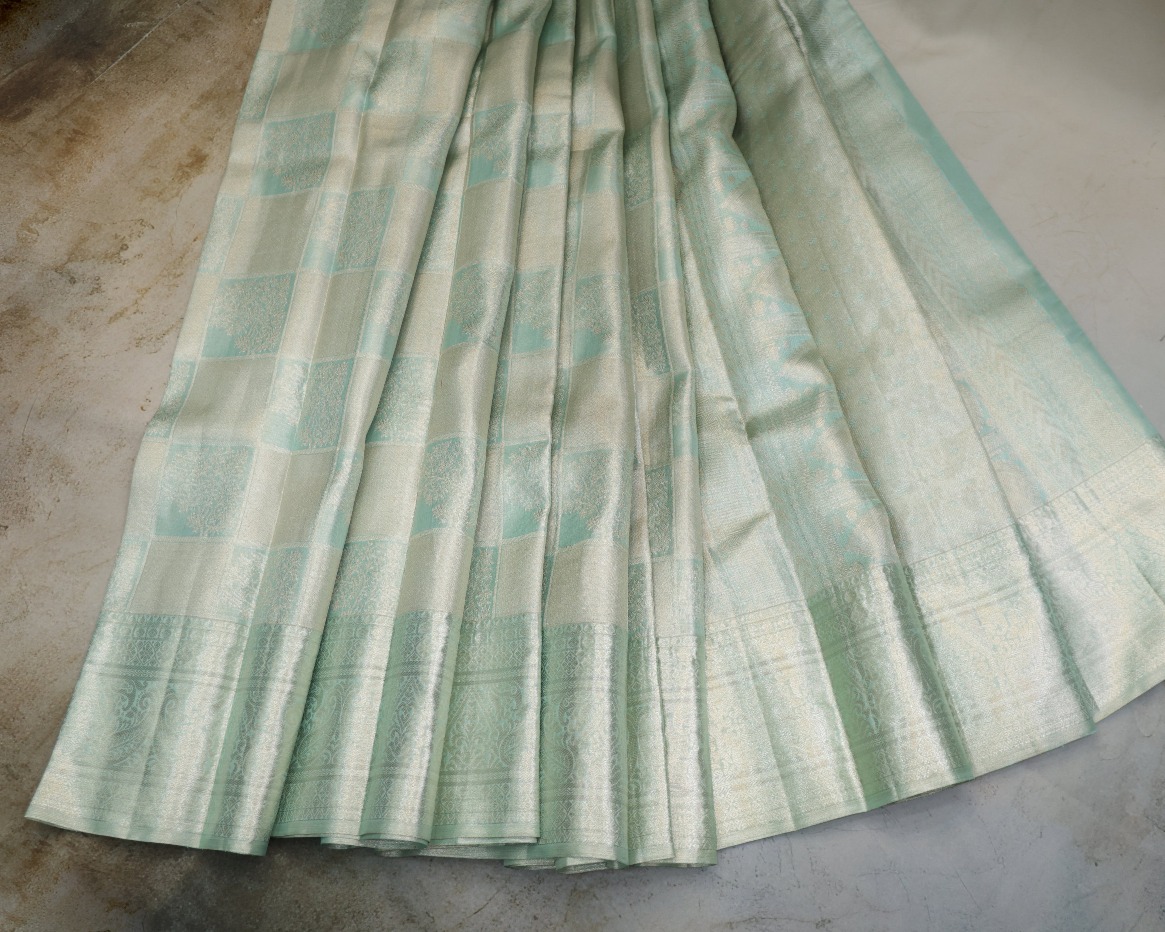 Kanchipuram Tissue Pure Silk Bridal Saree – Pastel Sea Green Checks & Butta