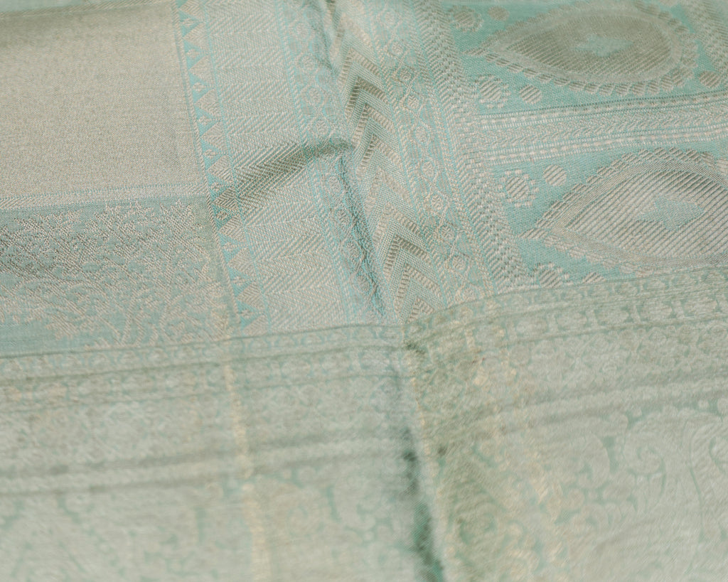 Kanchipuram Tissue Pure Silk Bridal Saree – Pastel Sea Green Checks & Butta