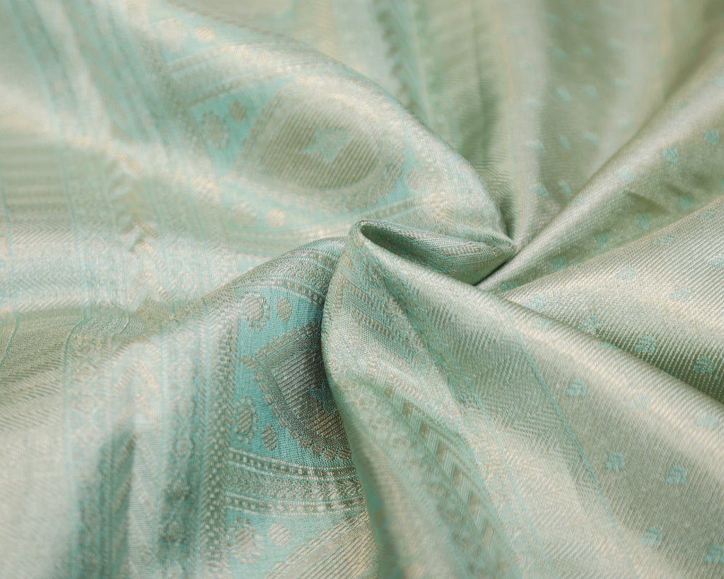 Kanchipuram Tissue Pure Silk Bridal Saree – Pastel Sea Green Checks & Butta