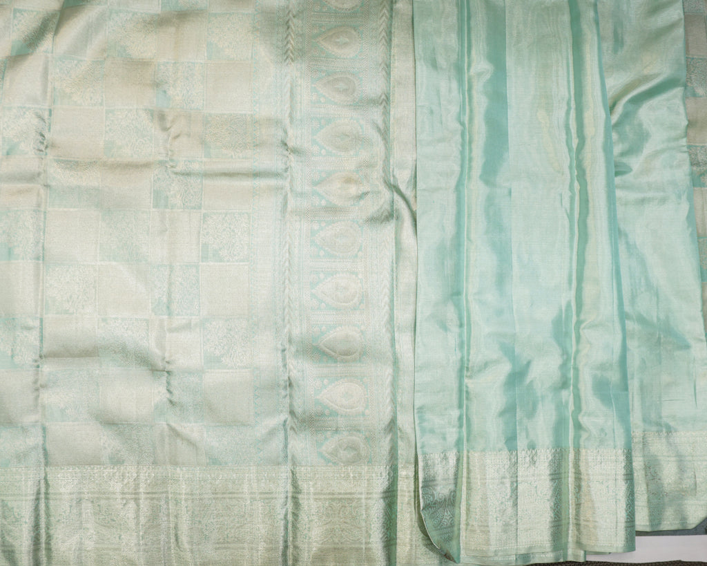 Kanchipuram Tissue Pure Silk Bridal Saree – Pastel Sea Green Checks & Butta