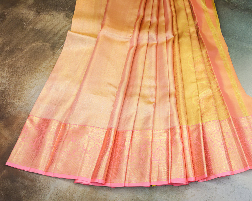 Kanchipuram Tissue Bridal Pure Silk Saree in Gold–Pink Dual Shade