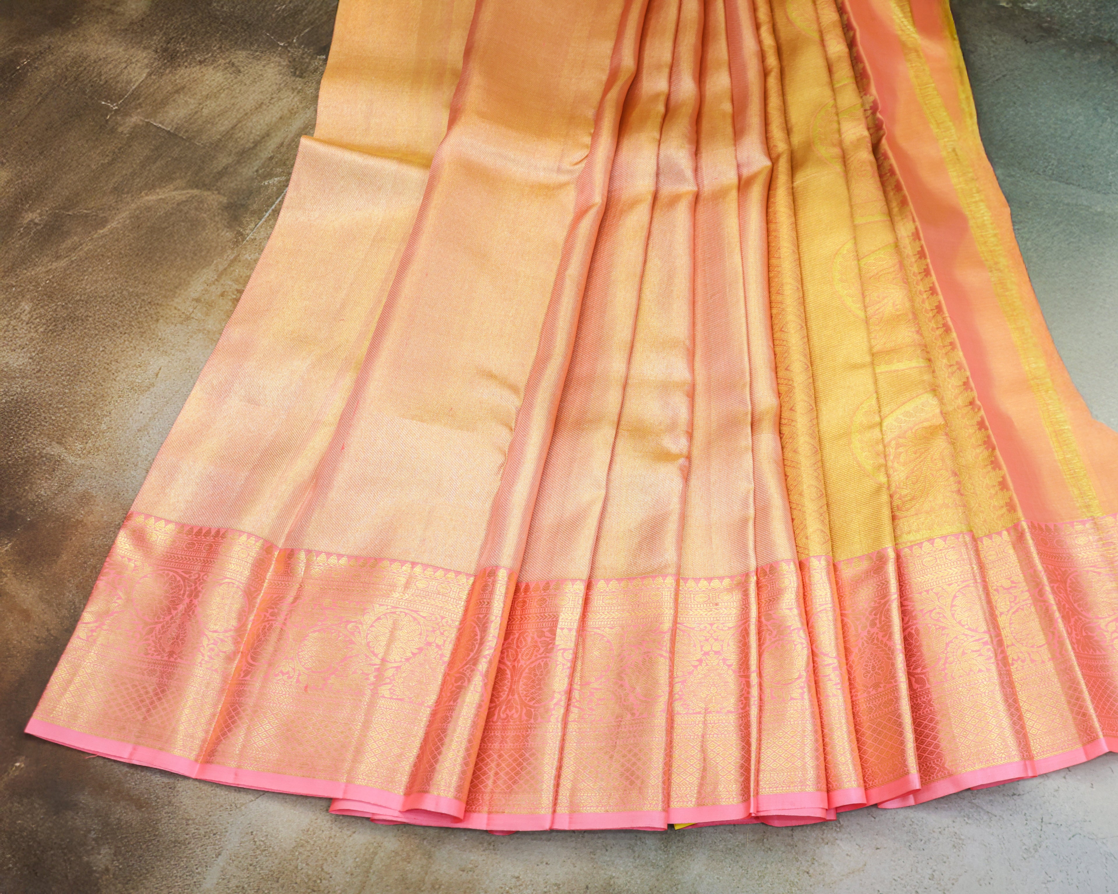 Kanchipuram Tissue Bridal Pure Silk Saree in Gold–Pink Dual Shade