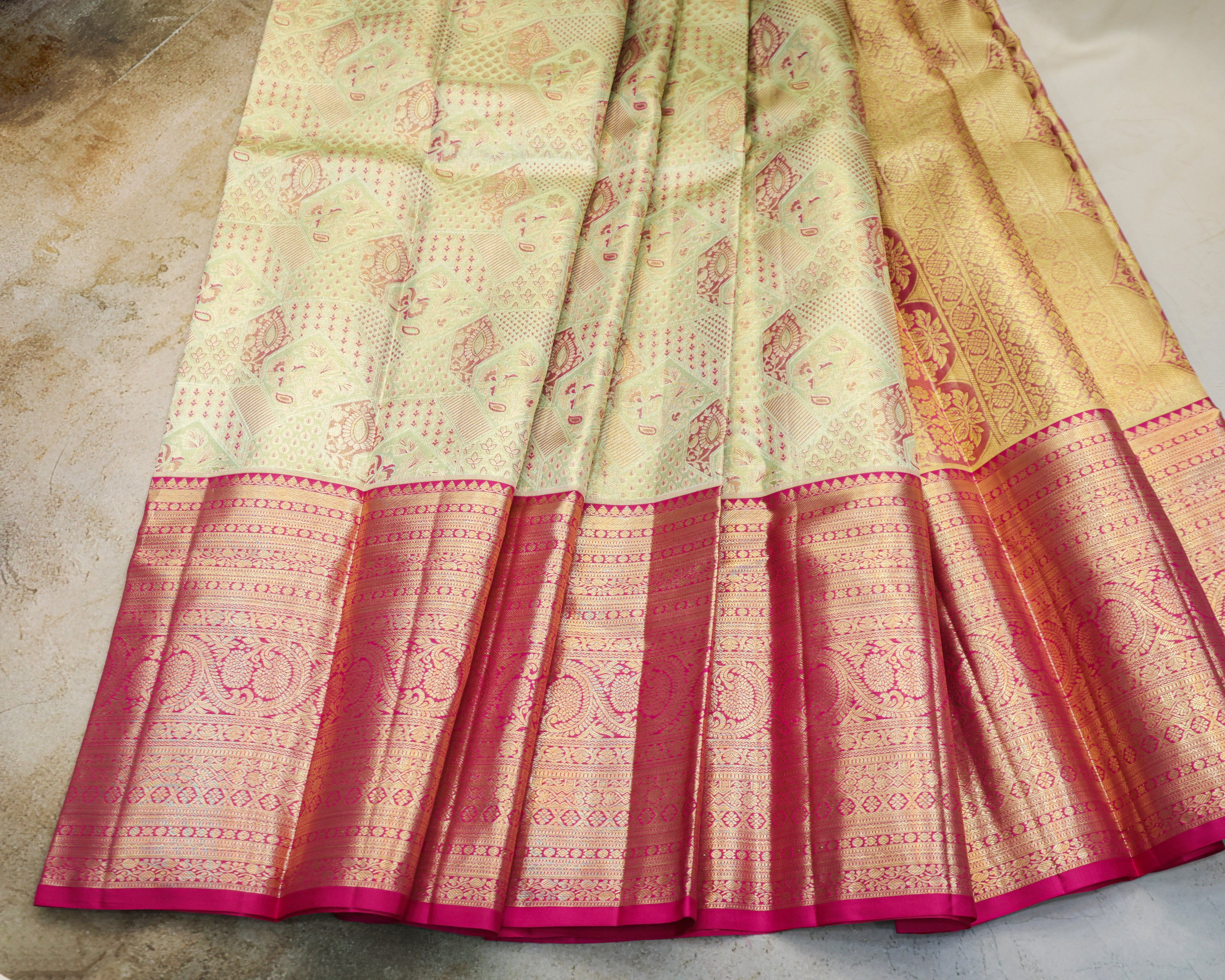 Kanchipuram Tissue Pure Silk Bridal Saree – Pista Green & Rani Pink