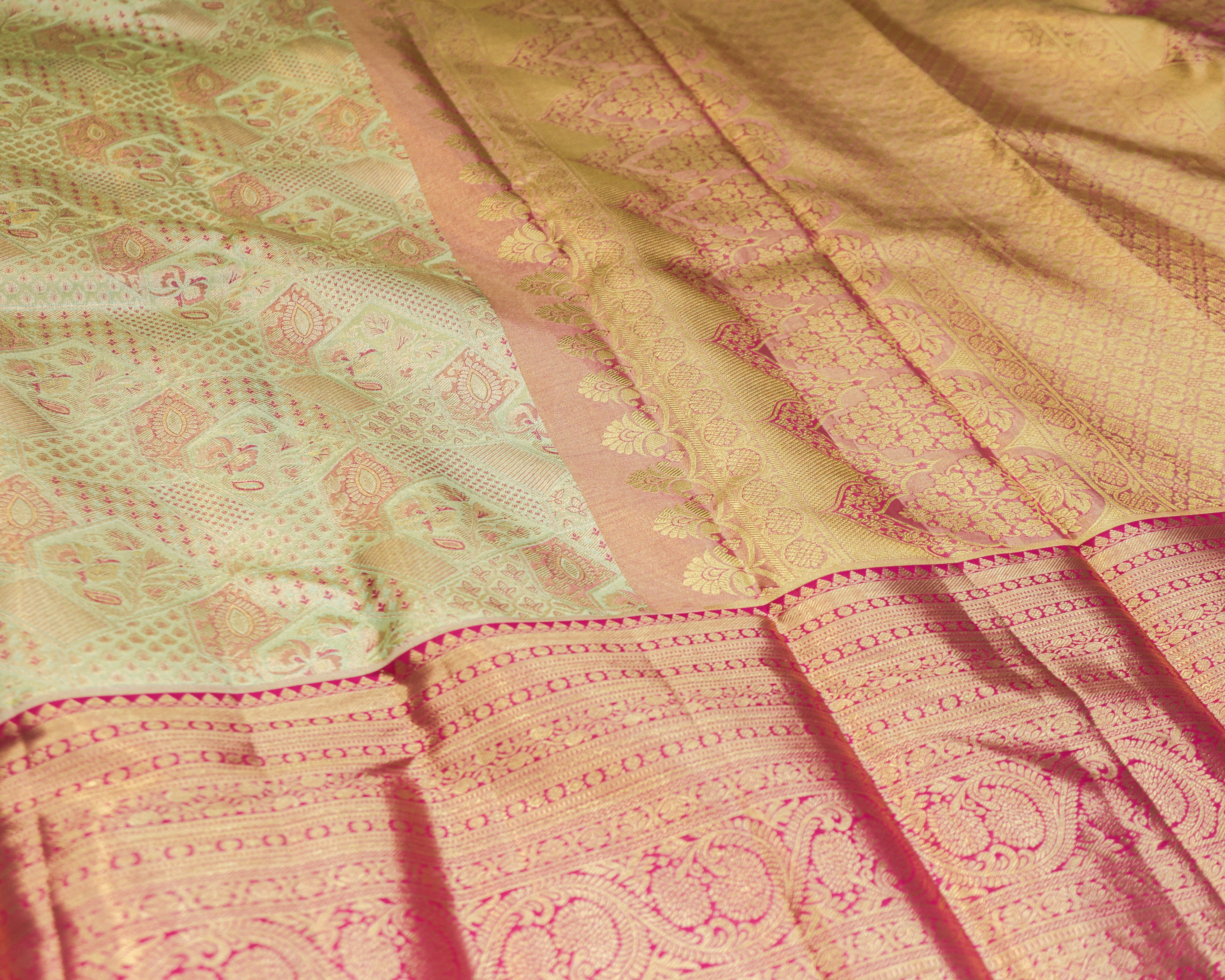 Kanchipuram Tissue Pure Silk Bridal Saree – Pista Green & Rani Pink