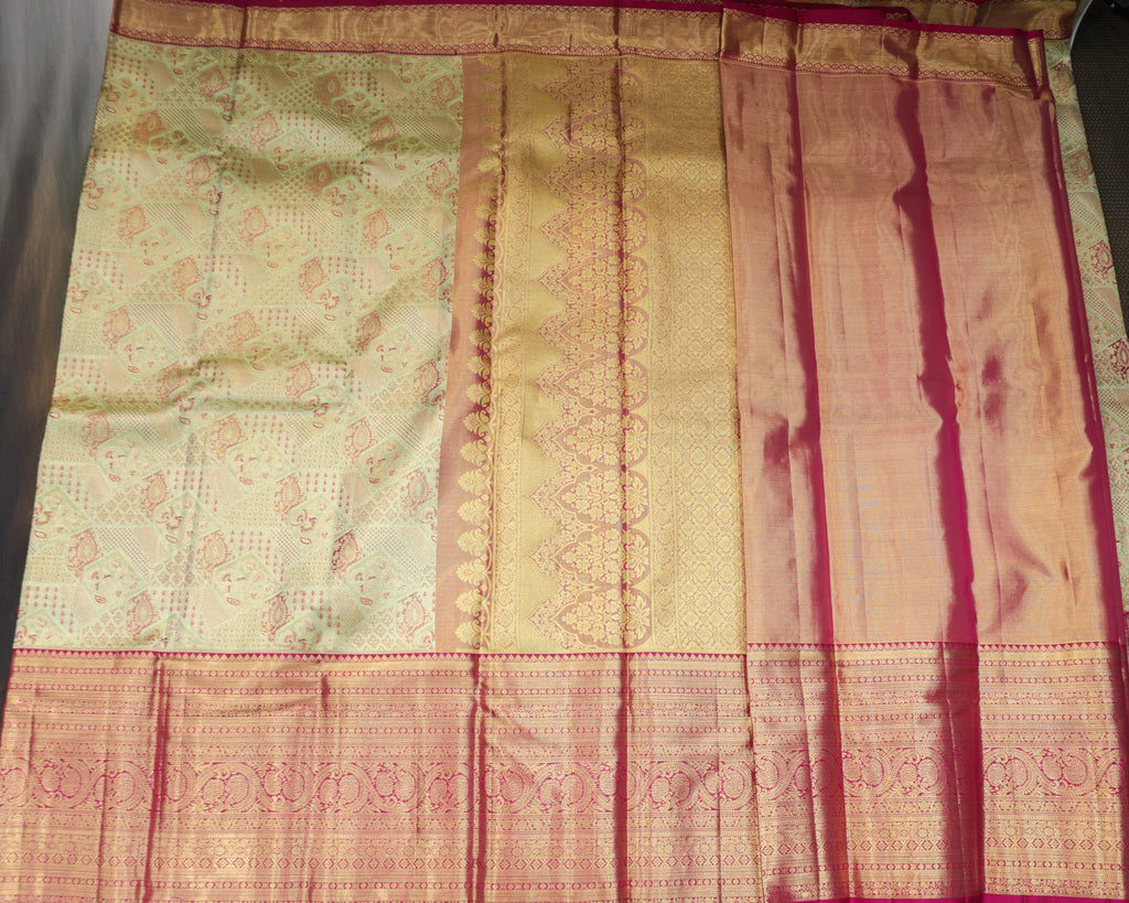 Kanchipuram Tissue Pure Silk Bridal Saree – Pista Green & Rani Pink