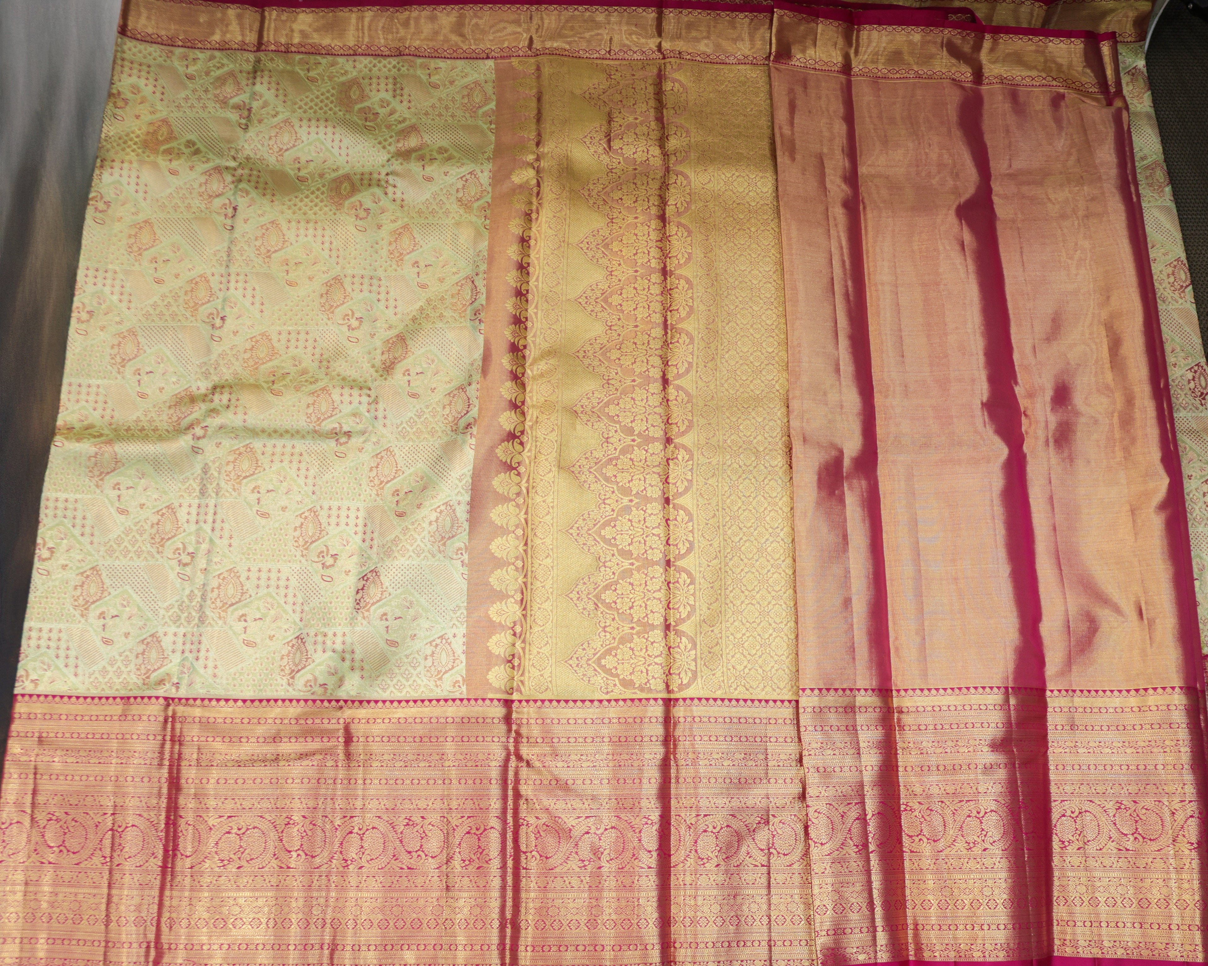 Kanchipuram Tissue Pure Silk Bridal Saree – Pista Green & Rani Pink
