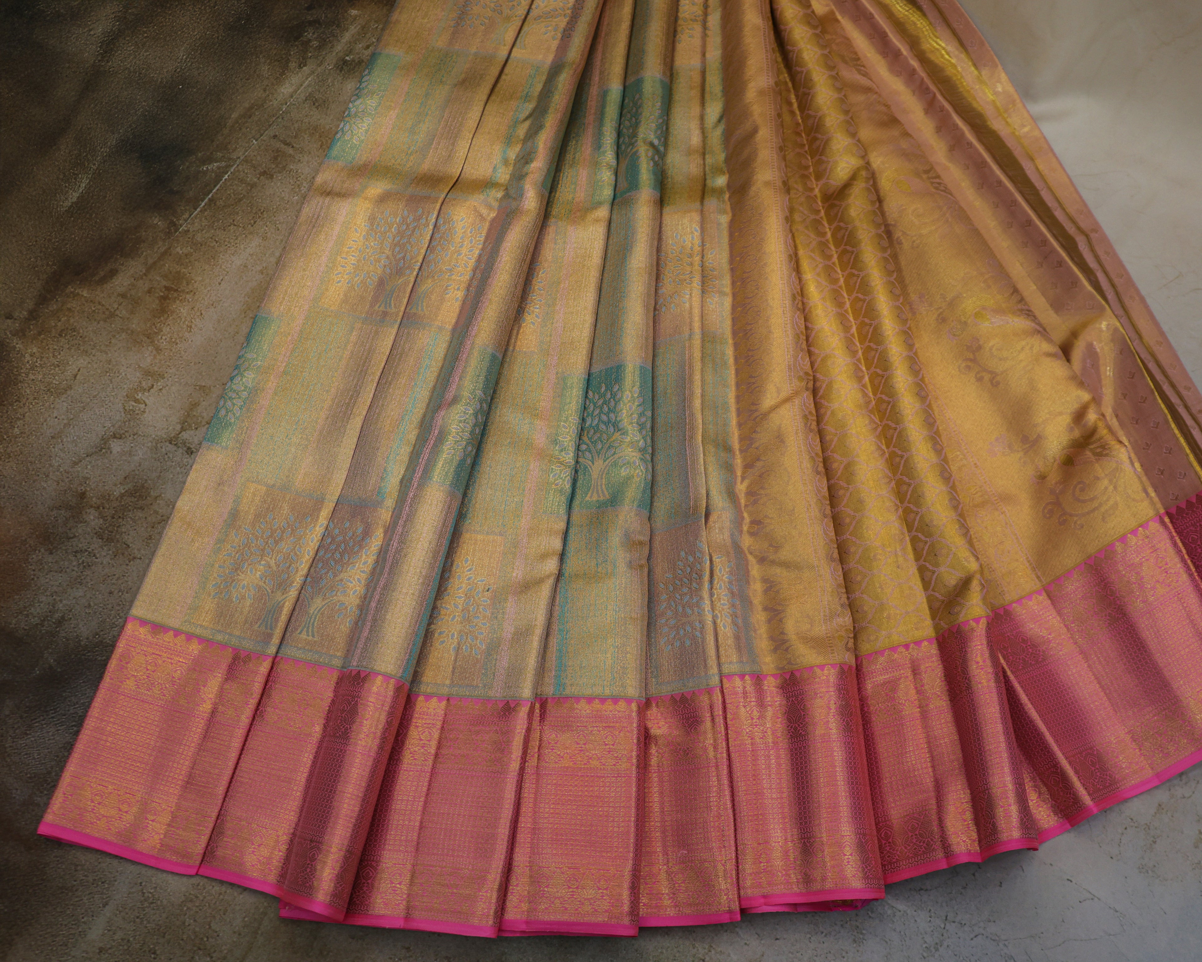 Kanchipuram Tissue Bridal Pure Silk Saree – Pastel Sea Green & Pink