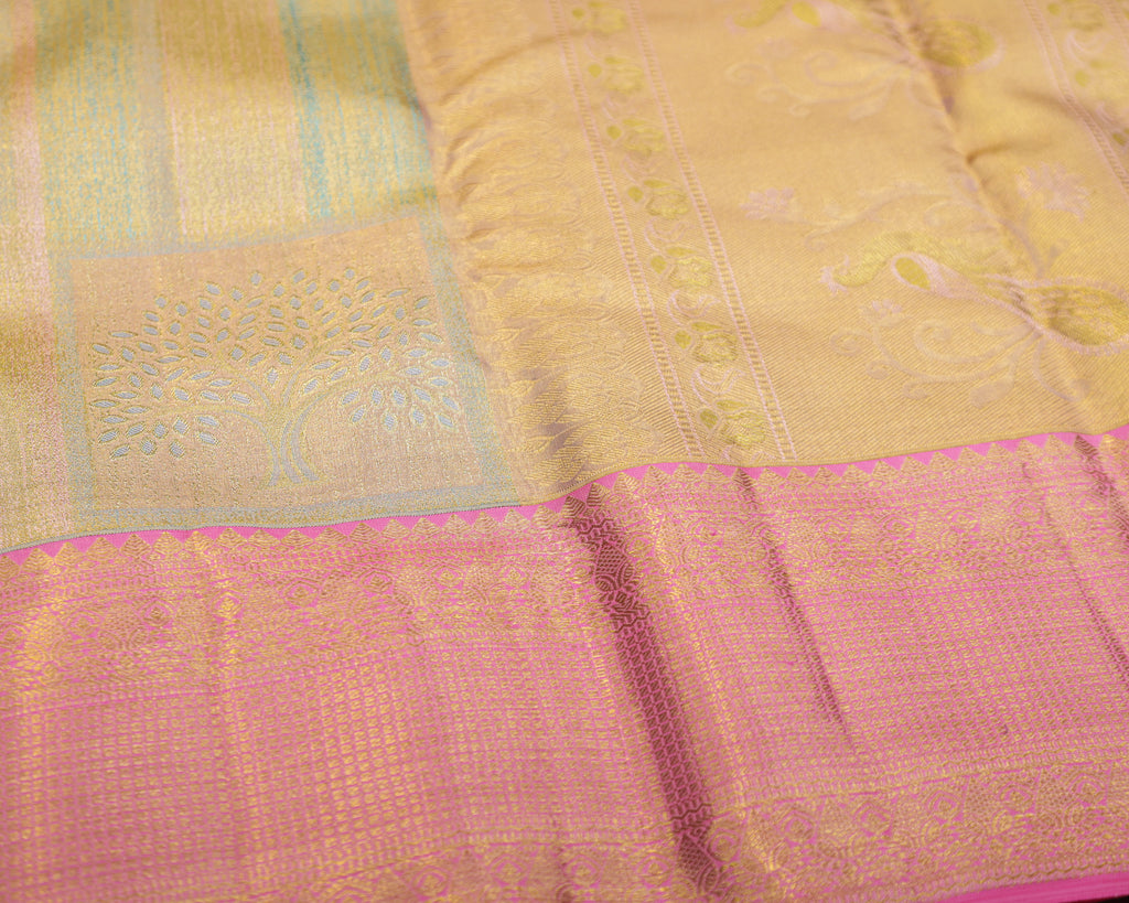 Kanchipuram Tissue Bridal Pure Silk Saree – Pastel Sea Green & Pink