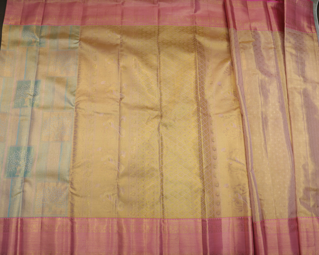 Kanchipuram Tissue Bridal Pure Silk Saree – Pastel Sea Green & Pink