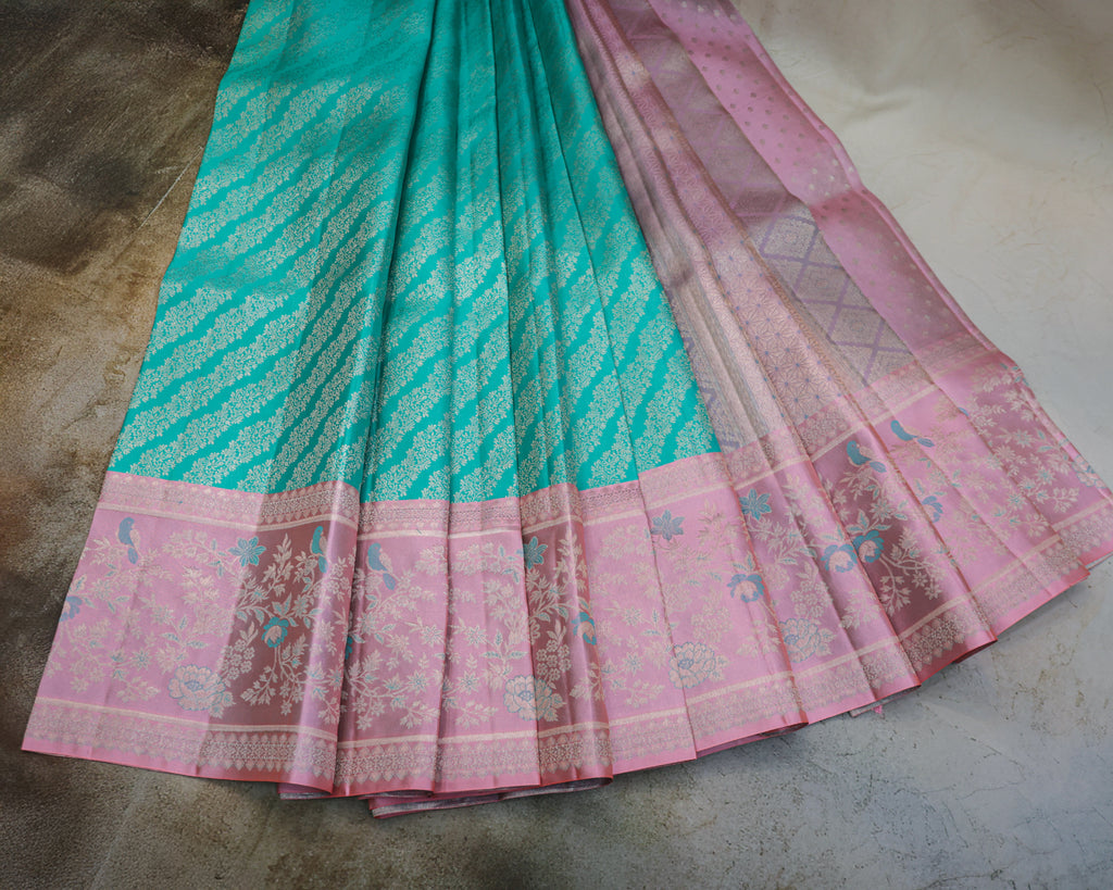 Kanchipuram Pure Silk Bridal Meenakari Border Saree – Sea Green & Baby Pink