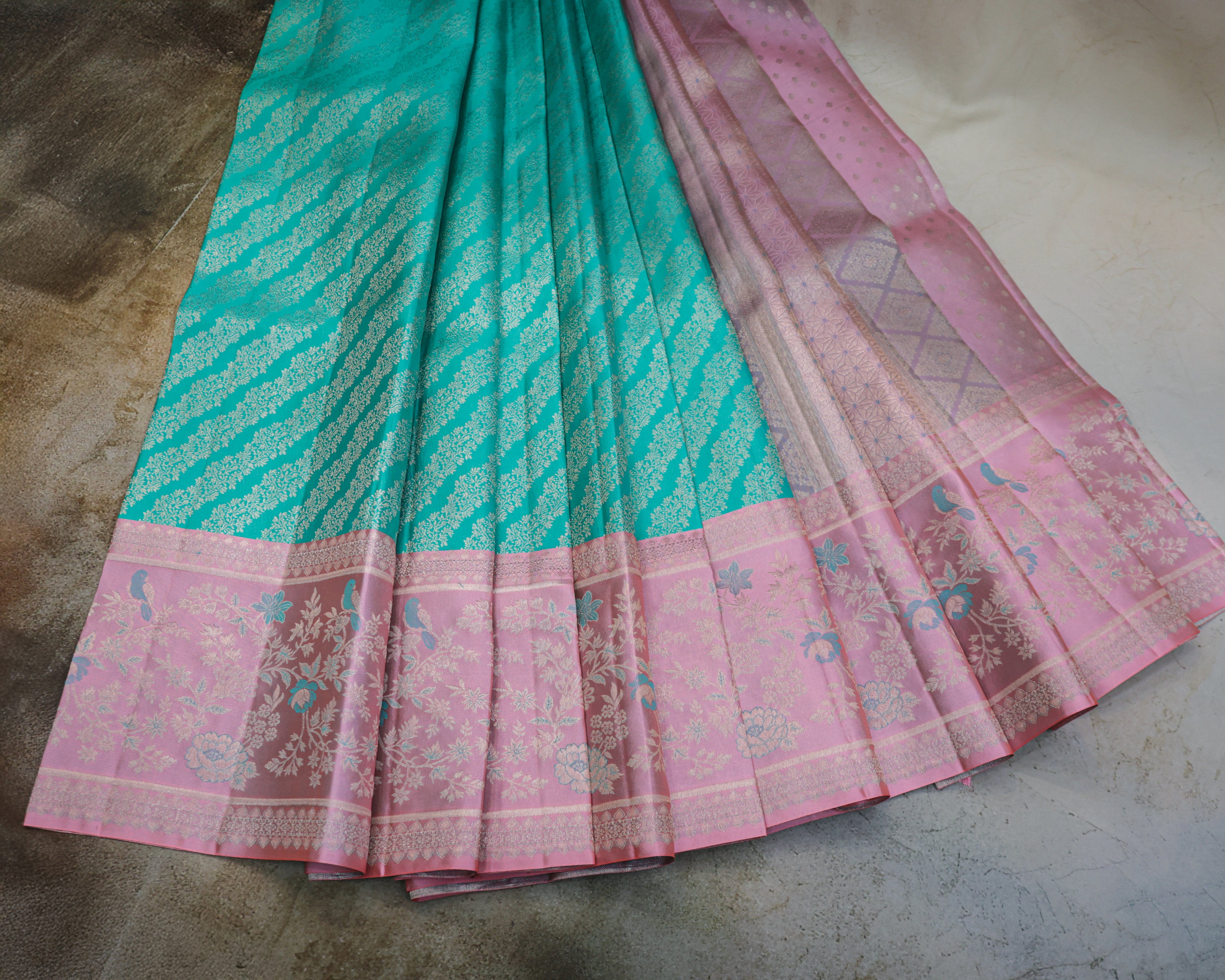 Kanchipuram Pure Silk Bridal Meenakari Border Saree – Sea Green & Baby Pink