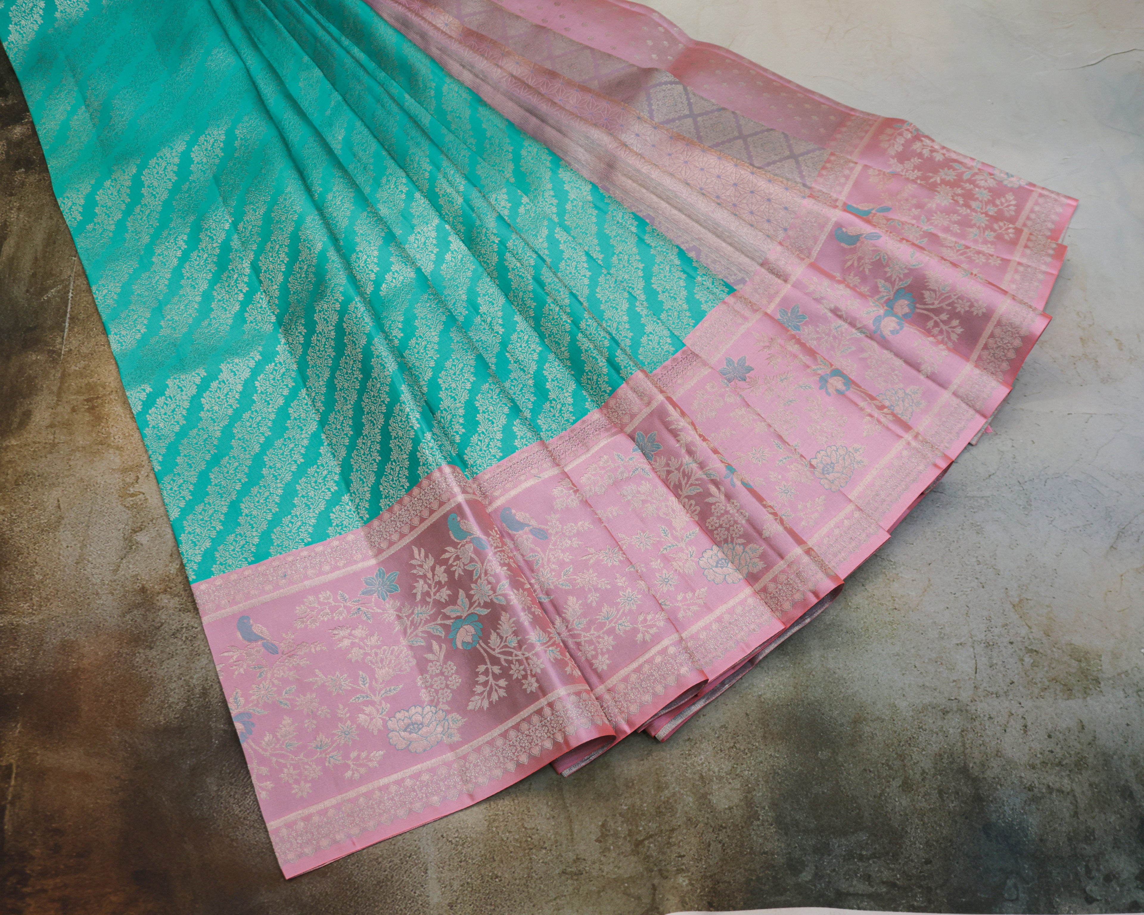 Kanchipuram Pure Silk Bridal Meenakari Border Saree – Sea Green & Baby Pink