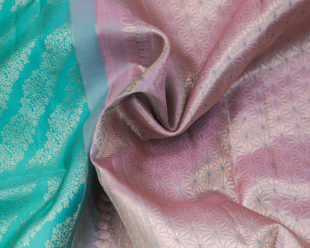 Kanchipuram Pure Silk Bridal Meenakari Border Saree – Sea Green & Baby Pink