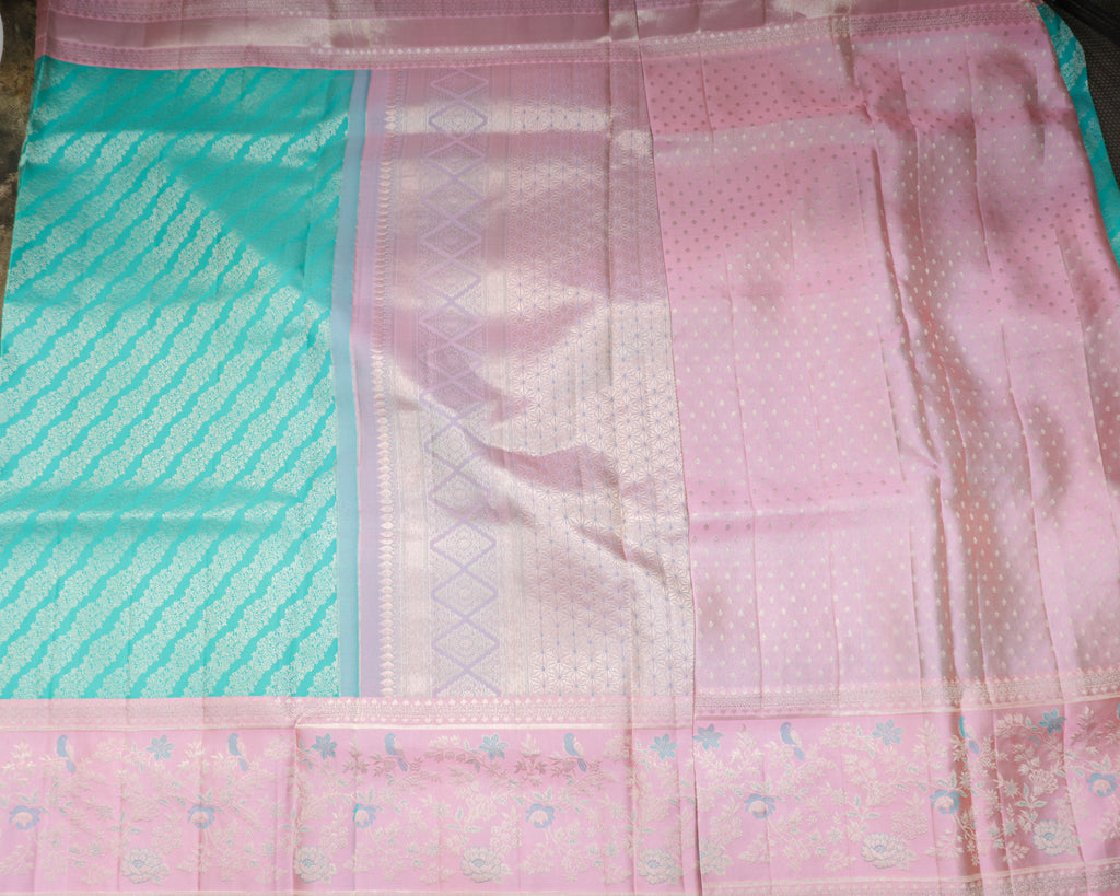 Kanchipuram Pure Silk Bridal Meenakari Border Saree – Sea Green & Baby Pink