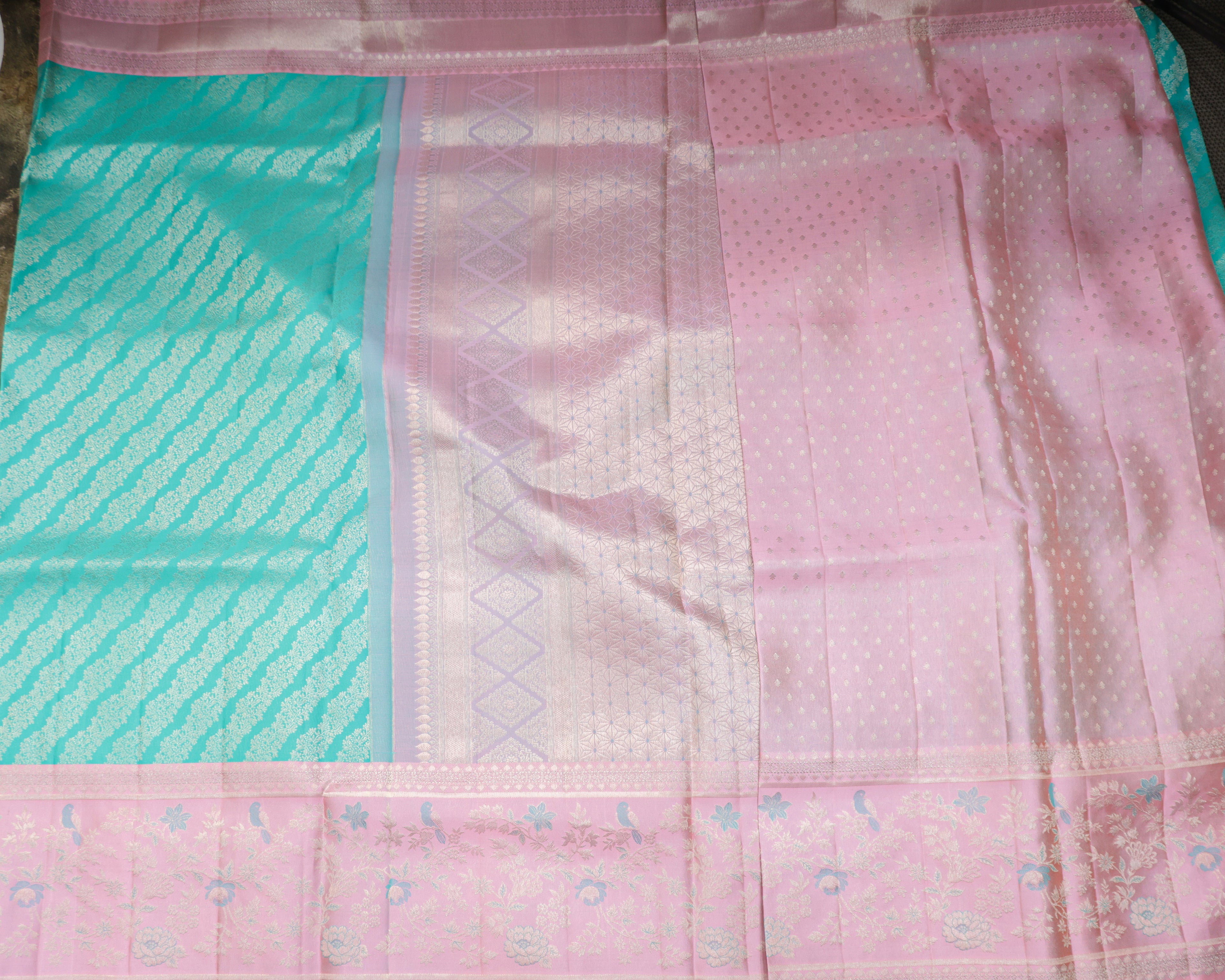 Kanchipuram Pure Silk Bridal Meenakari Border Saree – Sea Green & Baby Pink