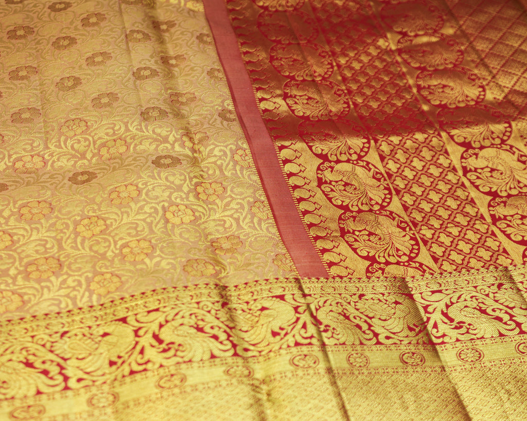 Classic Kanchipuram Bridal Silk Saree in Cream & Red
