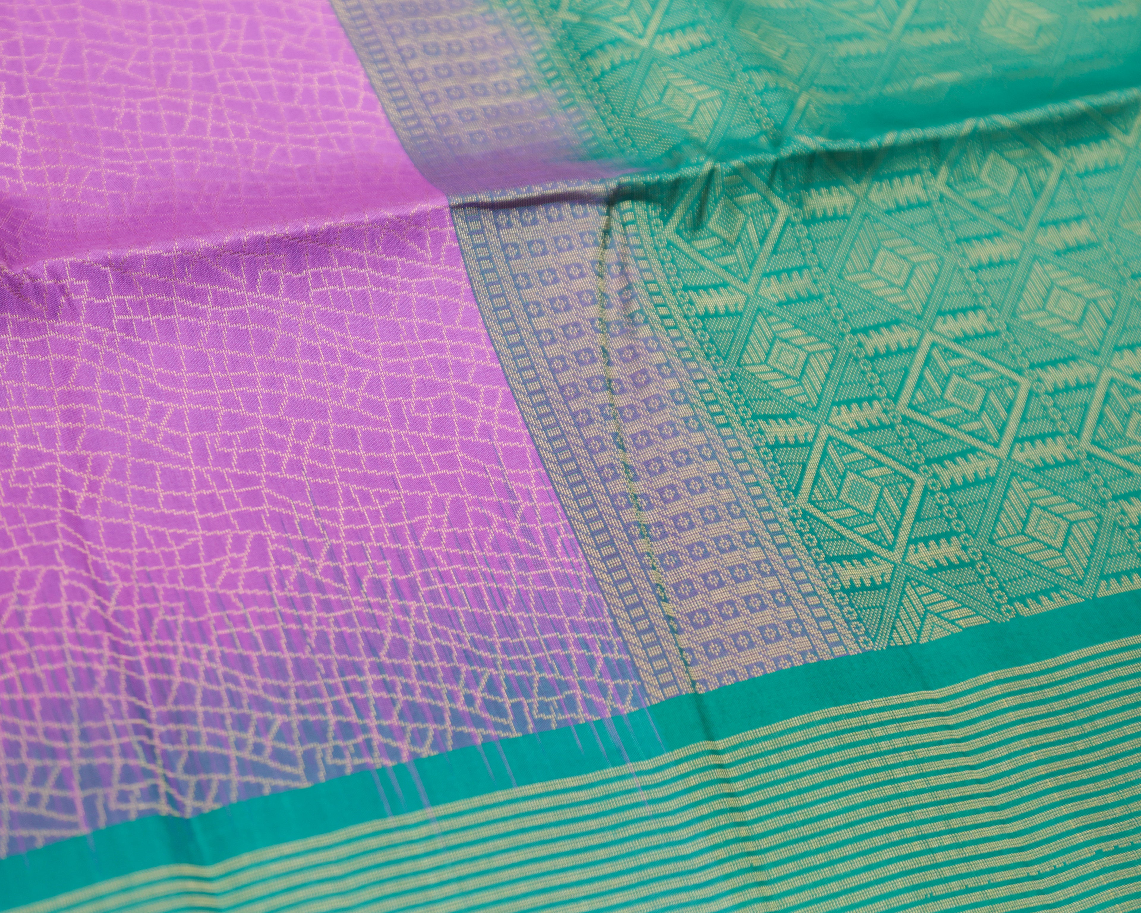 Kanchipuram Lavender & Green Geometric Pure Soft Silk Saree