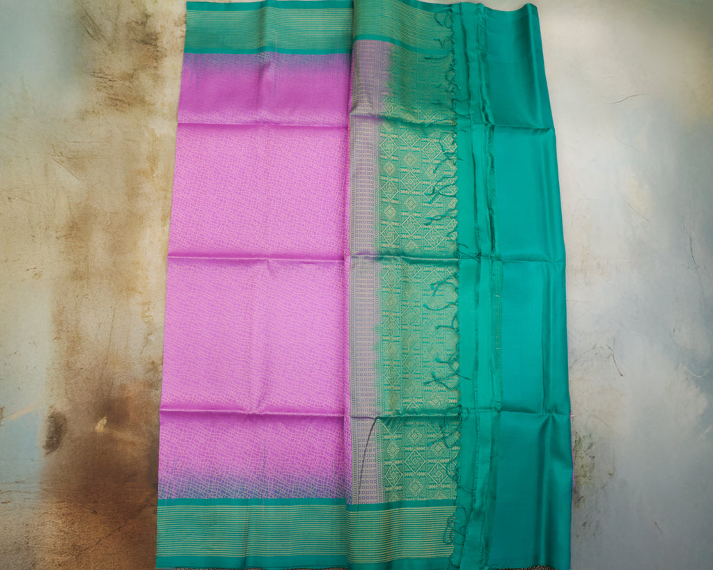 Kanchipuram Lavender & Green Geometric Pure Soft Silk Saree