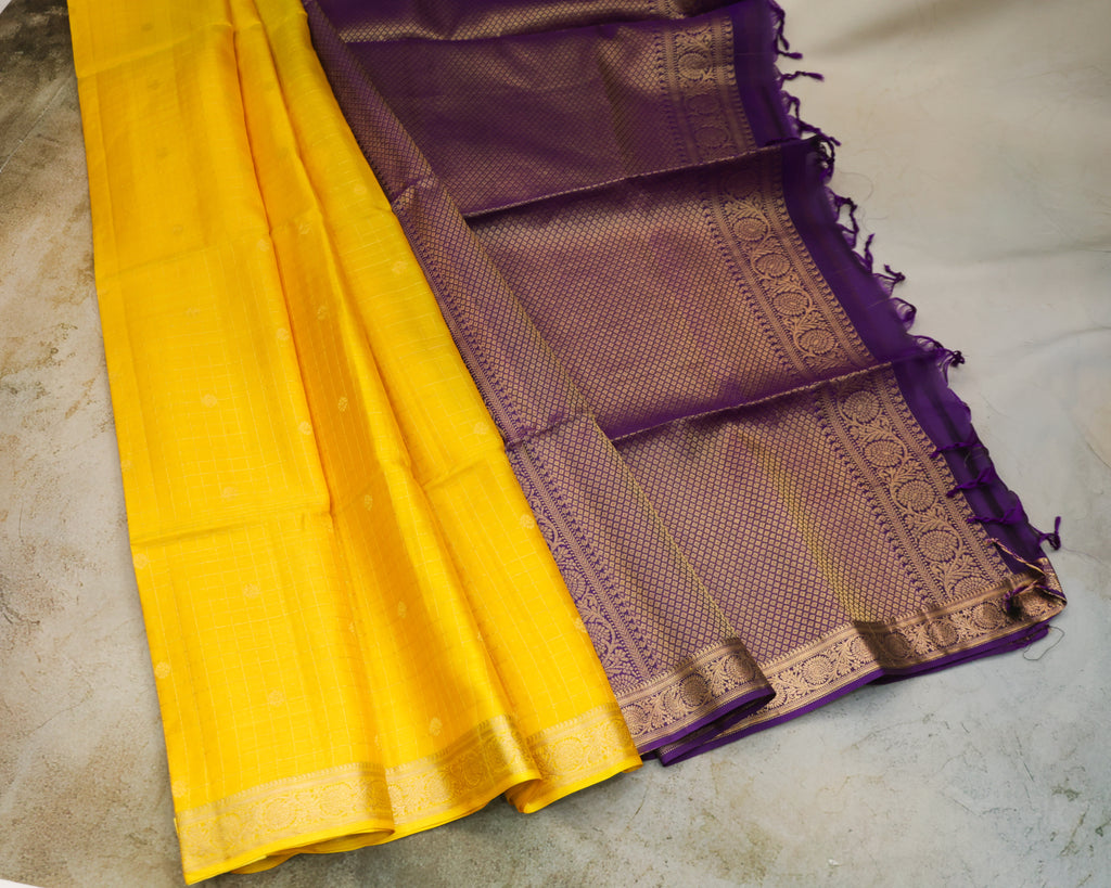 Kanchipuram Pure Soft Silk Checks Saree in Yellow & Purple