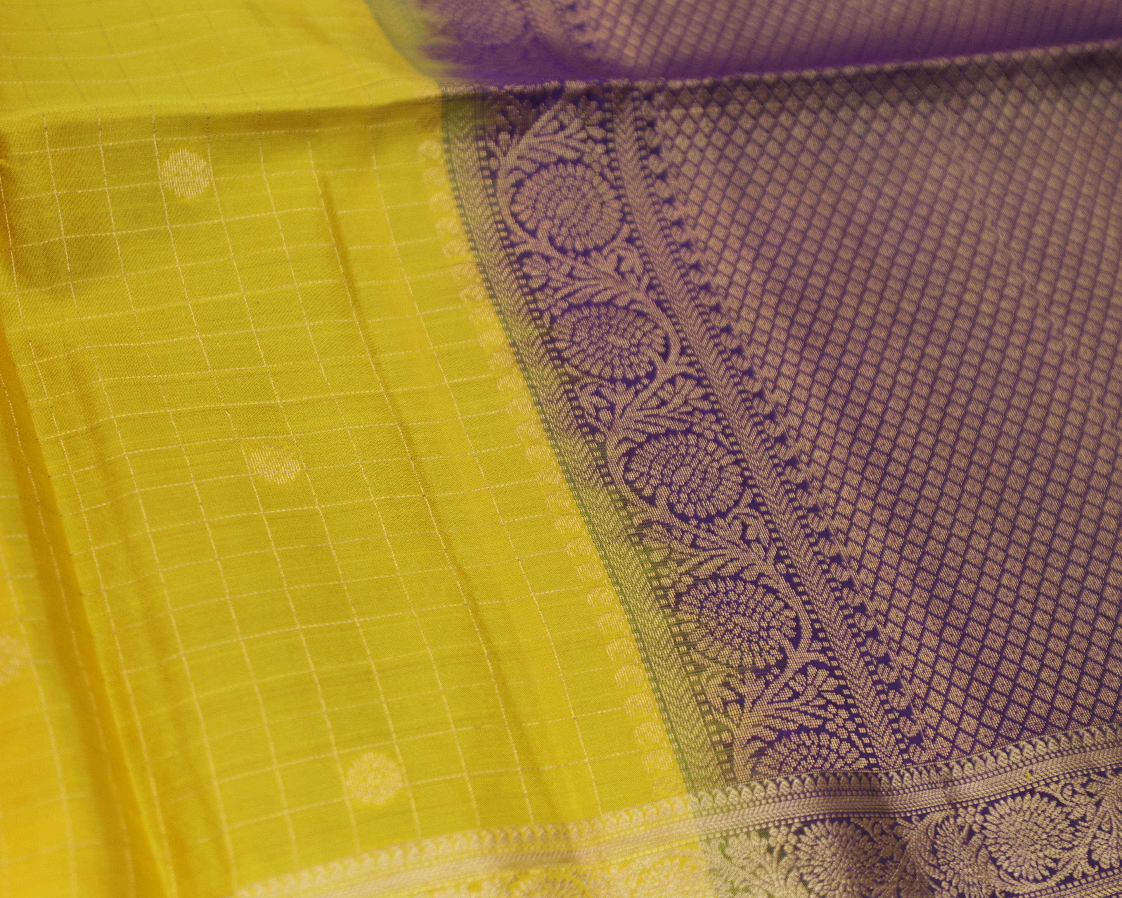 Kanchipuram Pure Soft Silk Checks Saree in Yellow & Purple
